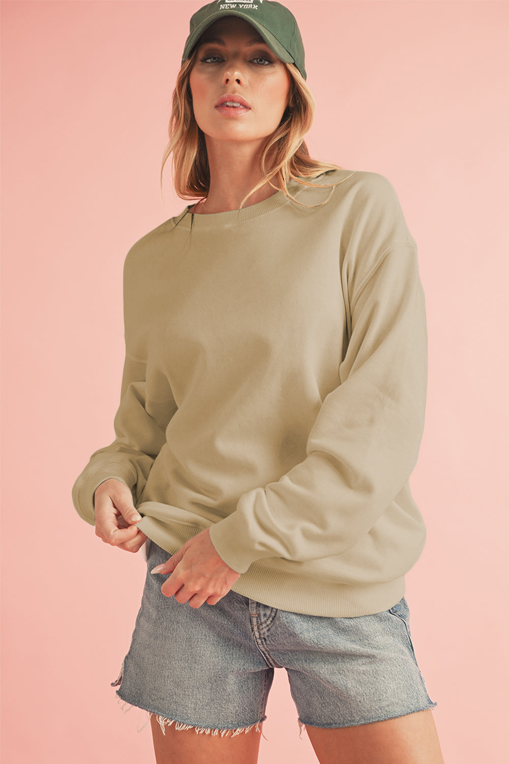 White Solid Loose Crew Neck Fleece Sweatshirt