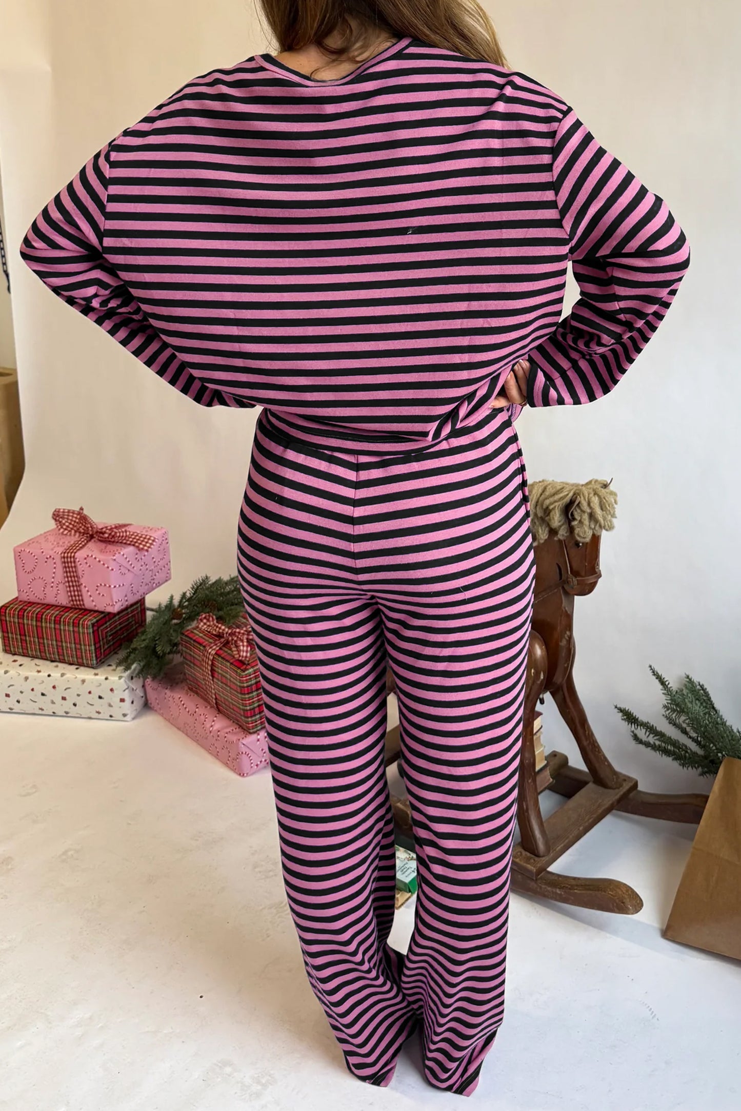 Pink Stripe Casual Long Sleeve Top Drawstring Pant Set