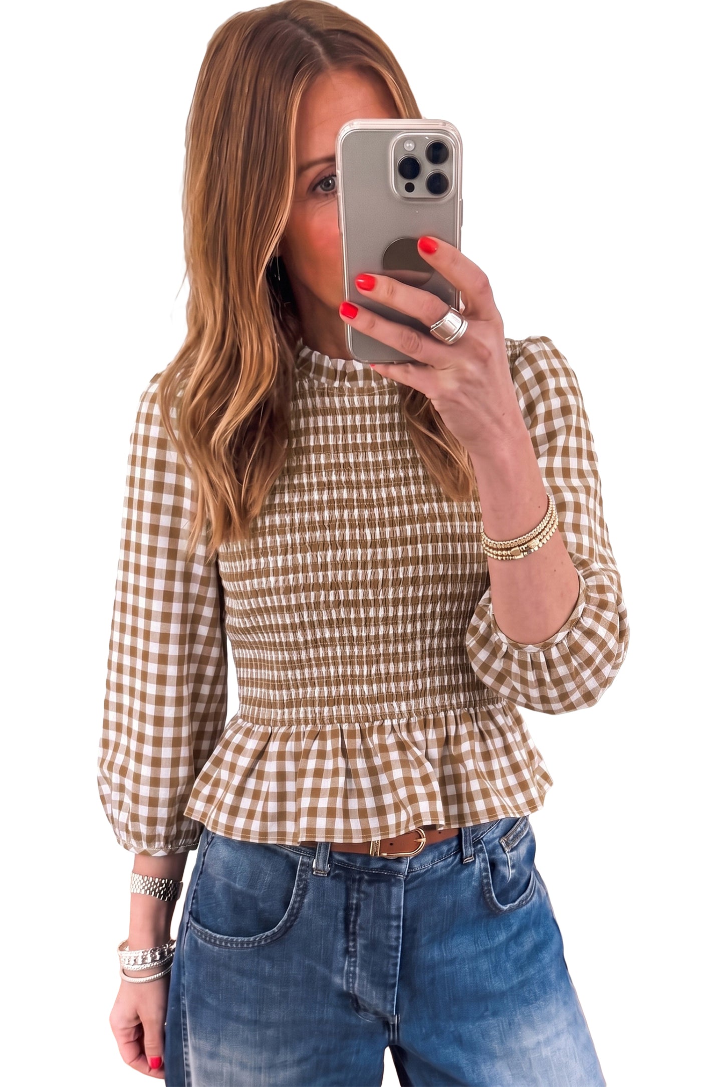 Brown 3/4 Sleeve Shirred Plaid Peplum Top
