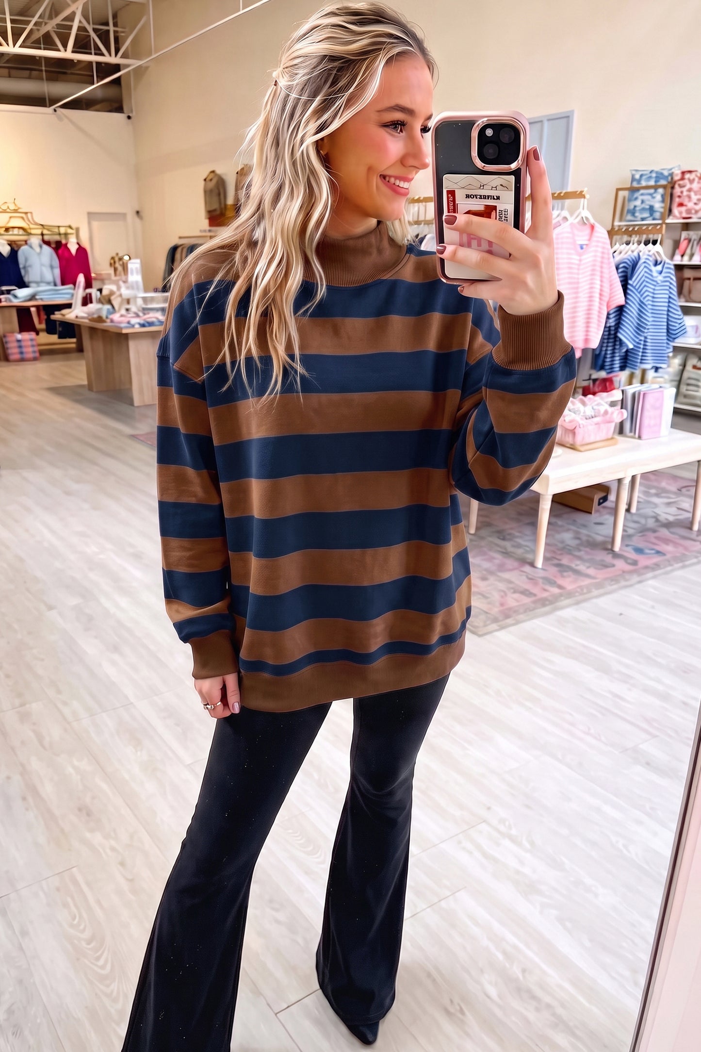 Rose Stripe Colorblock Mock Neck Relaxed Sweatshirt