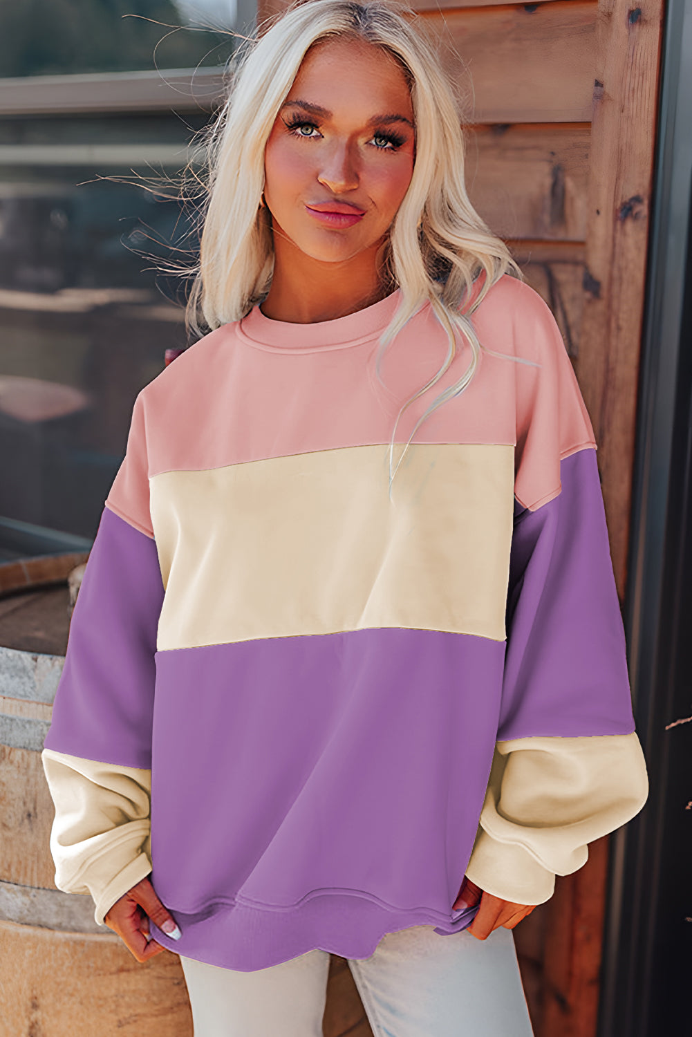 Blossom Colorblock Patchwork Drop Shoulder Sweatshirt