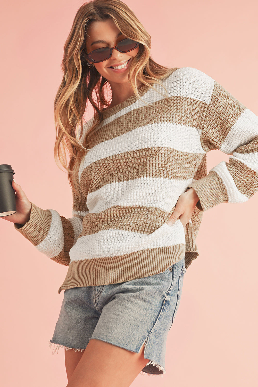 Light French Beige Striped Drop Shoulder Side Slit Sweater