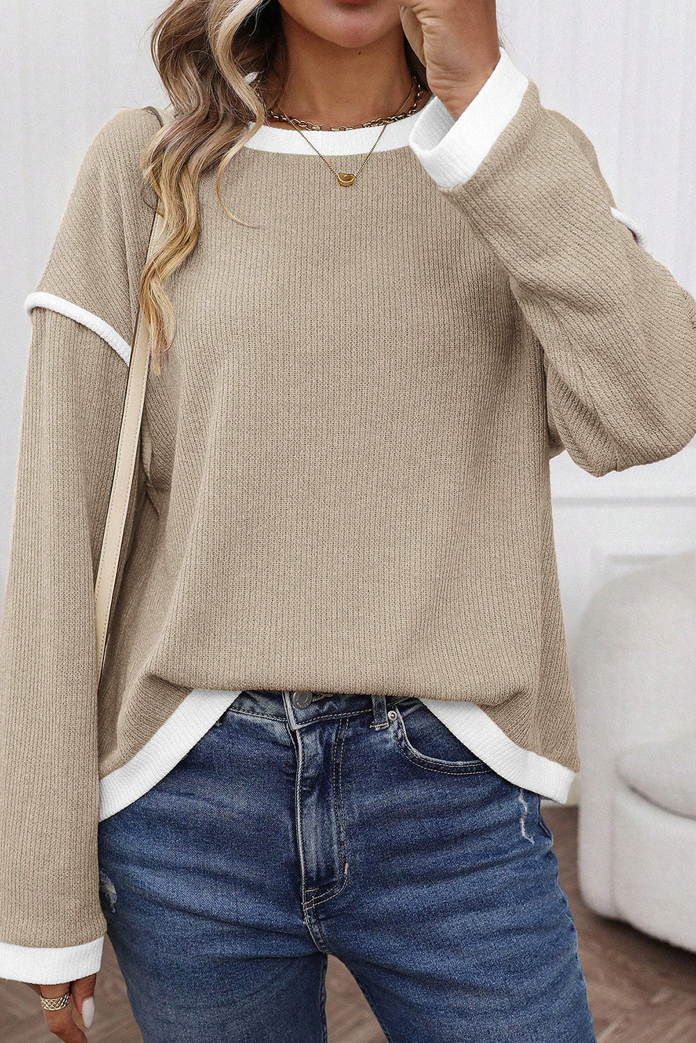 Light Pink Contrast Color Trim Knit Drop Shoulder Loose Top