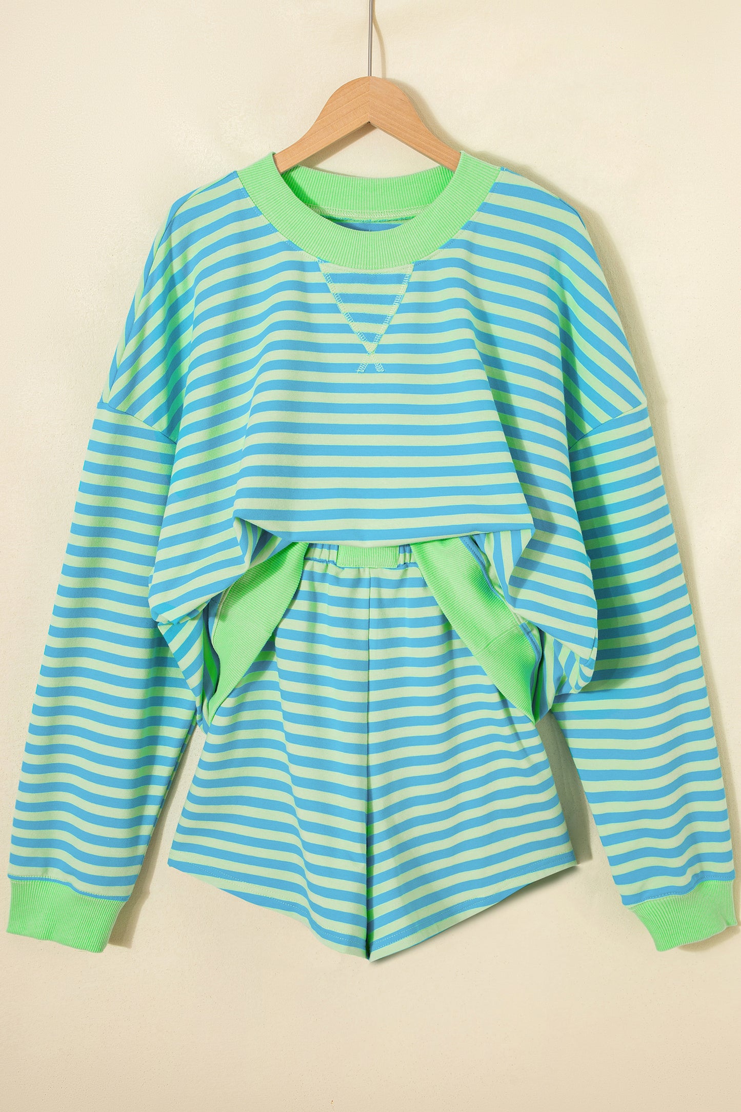 Yellow Stripe Color Block Detail Long Sleeve Pullover Elastic Waist Pull On Shorts 2pcs Set