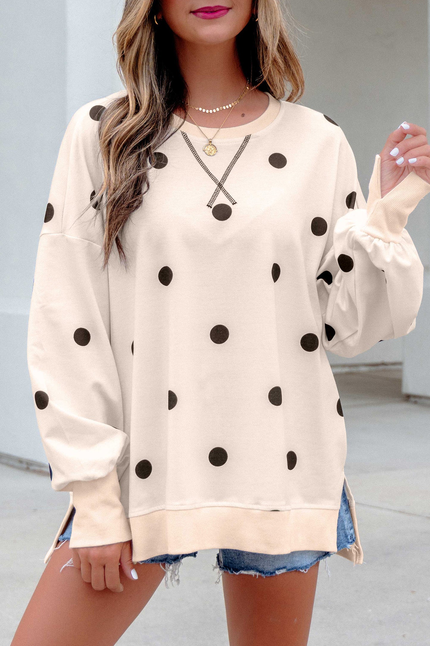 Yellow Polka Dot Loose Long Sleeve Split Hem Pullover Top