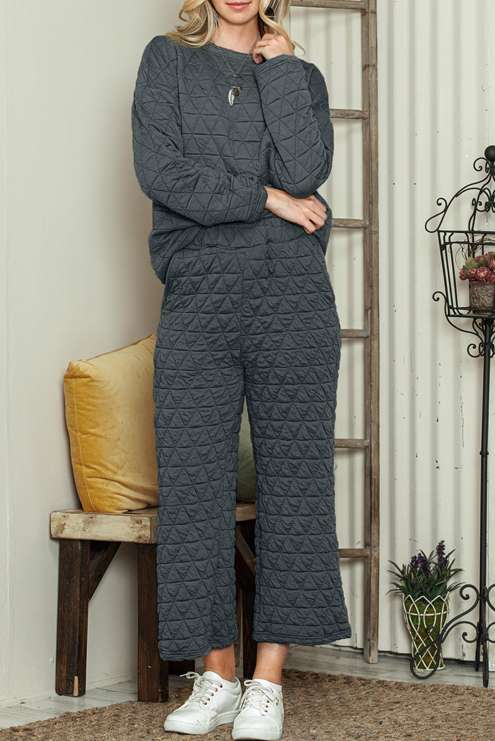 Dark Grey Solid Color Quilted Long Sleeve Top and Wide Leg Pants Set