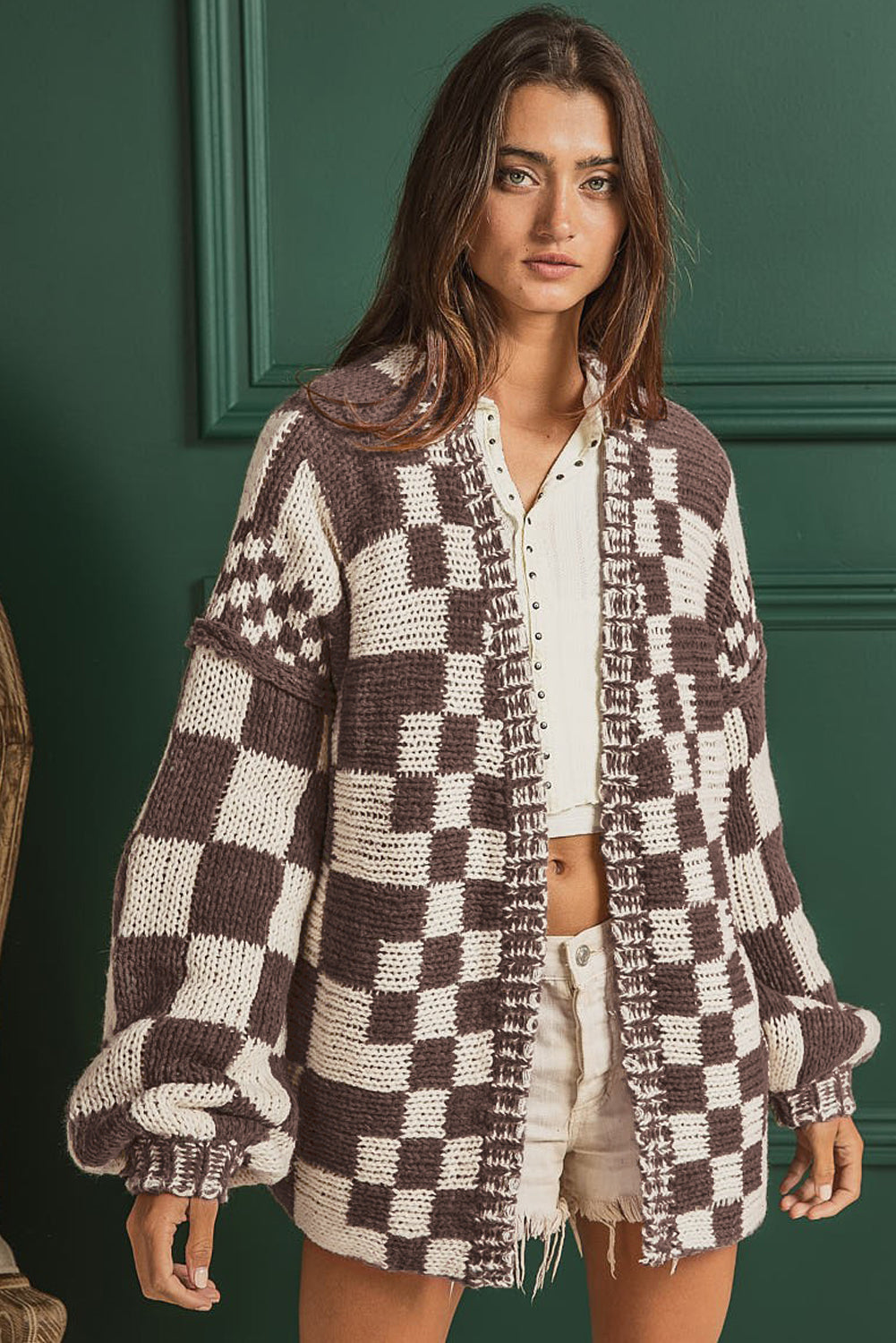 Smoke Gray Colorblock Checked Open Front Knitted Cardigan
