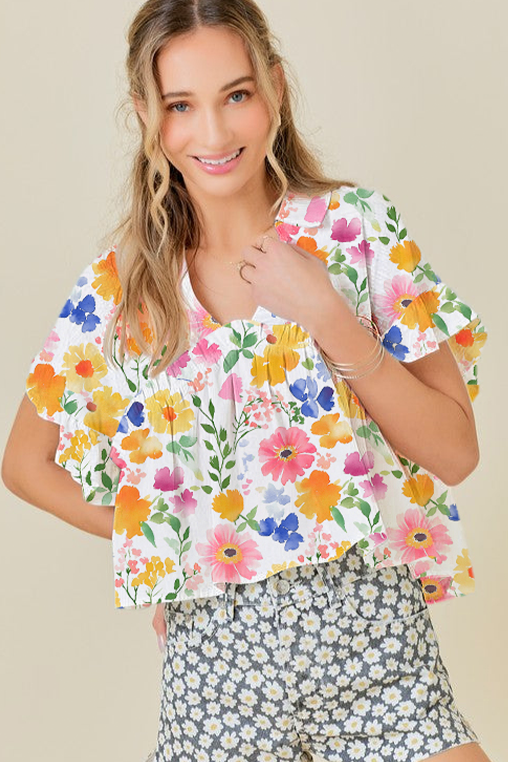 Pink Allover Floral Print Boxy Fit V Neck Blouse