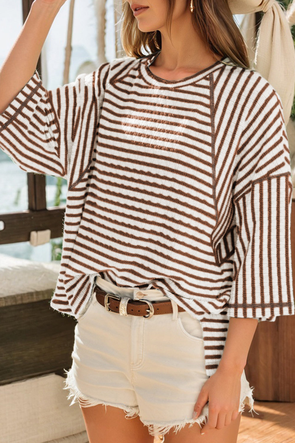 Apricot Stripe Textured Knit Split Hem Half Sleeve Loose Top