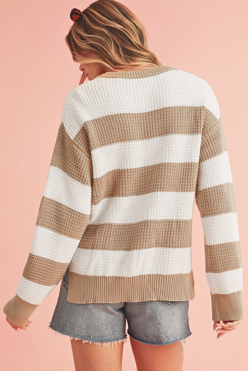 Light French Beige Striped Drop Shoulder Side Slit Sweater