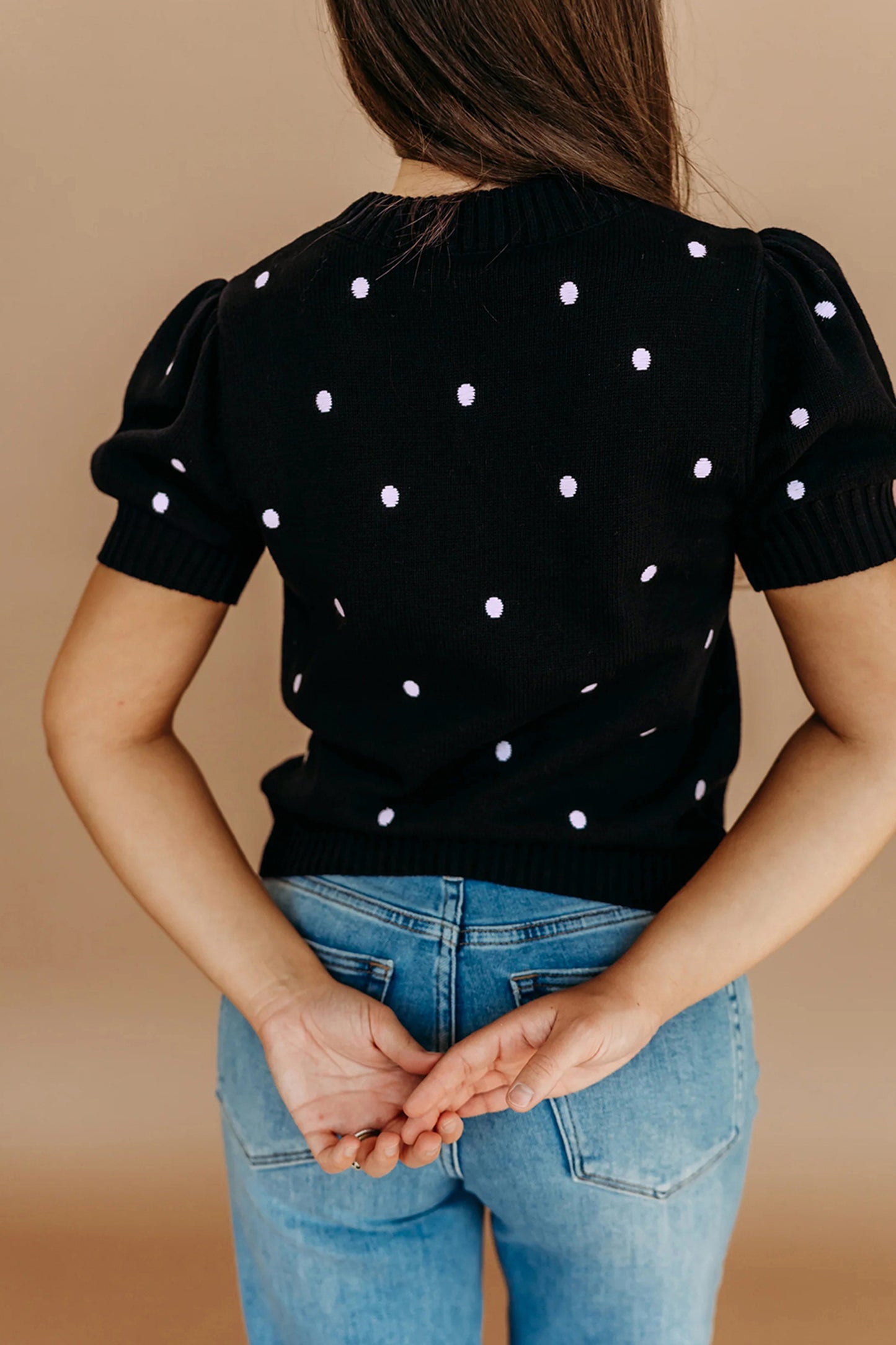 Chestnut Elegant Polka Dot Bubble Short Sleeve Sweater