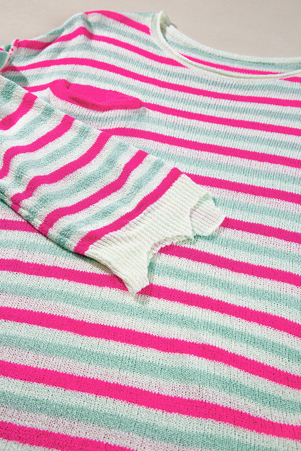 Rose Stripe Distressed Pocket Drop Sleeve Sweater