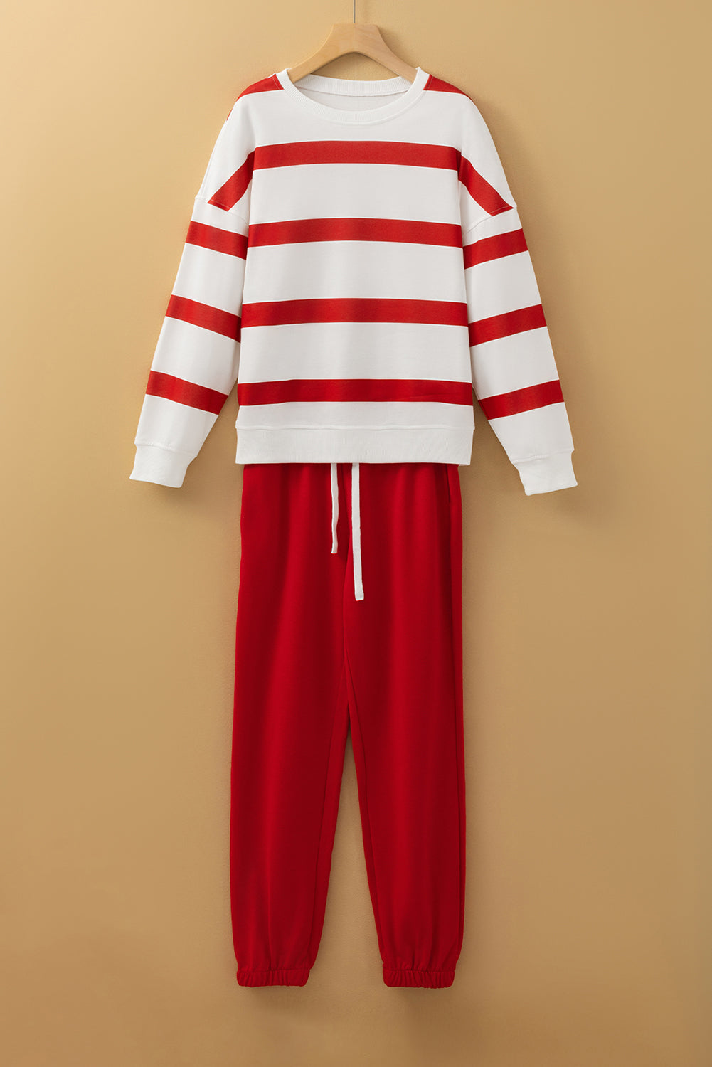 Light French Beige Striped Drop Shoulder Pullover and Joggers Set