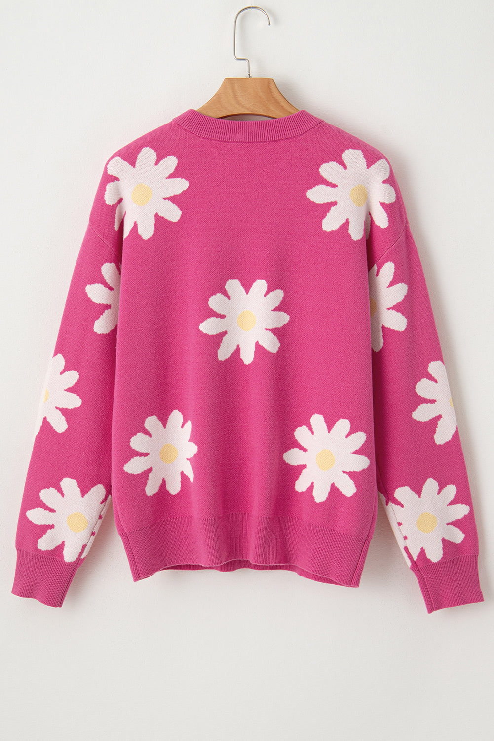 Bright Pink Daisy Ribbed Hem Sweater