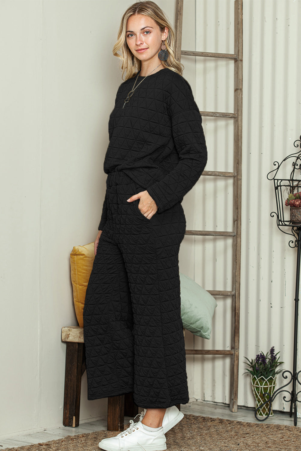 Dark Grey Solid Color Quilted Long Sleeve Top and Wide Leg Pants Set