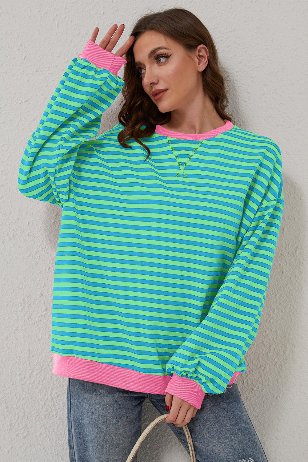 Green Stripe Contrast Edge Oversized Sweatshirt