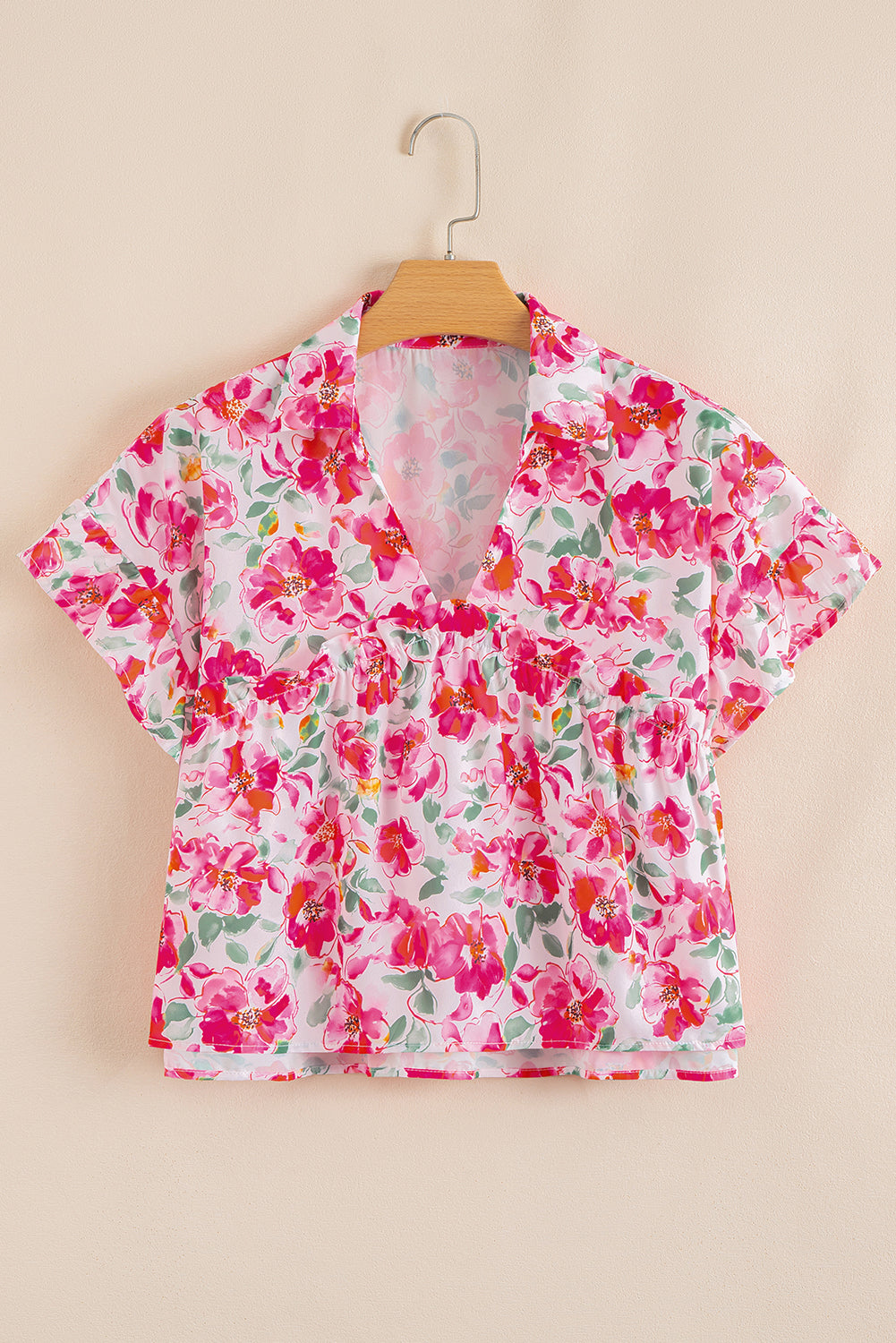Pink Allover Floral Print Boxy Fit V Neck Blouse
