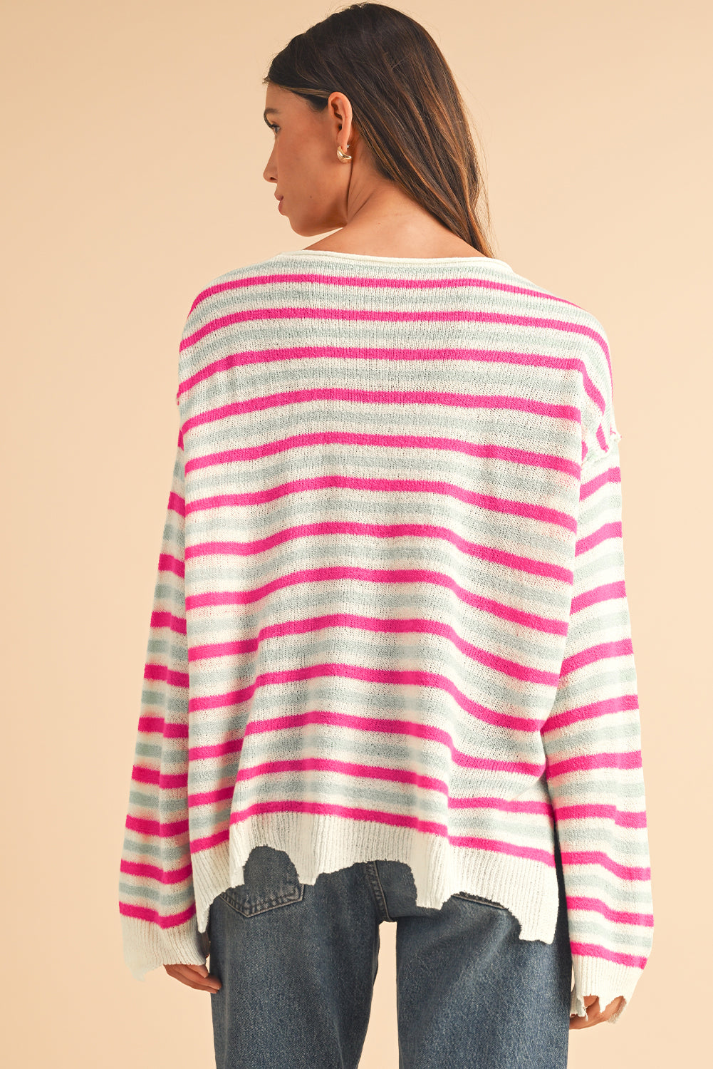 Rose Stripe Distressed Pocket Drop Sleeve Sweater