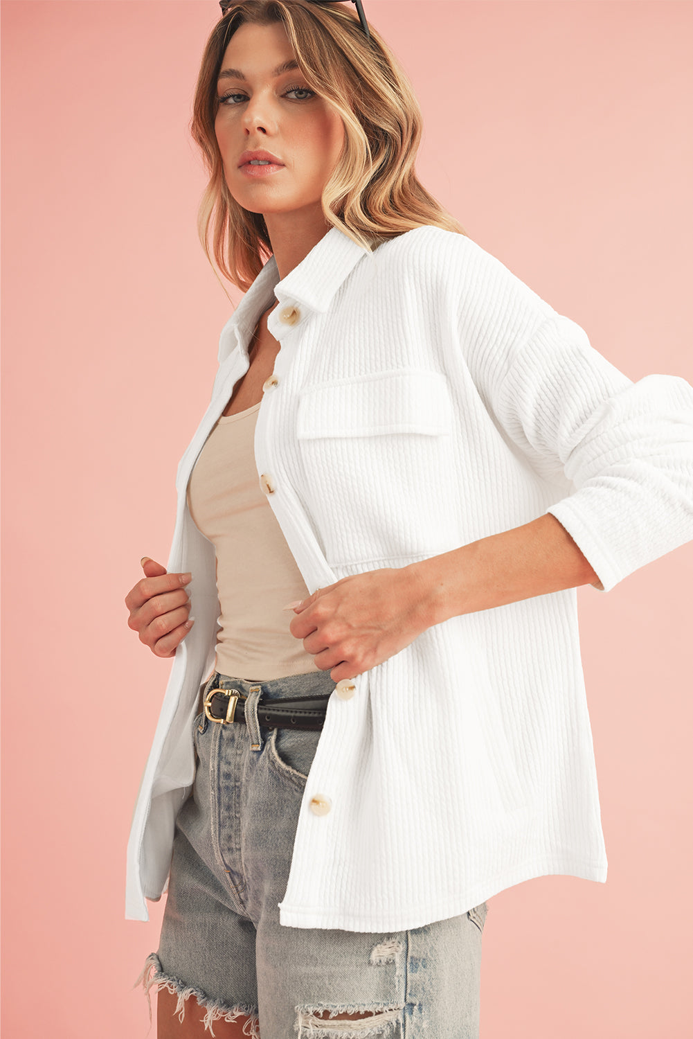 White Rib Textured Pocket Jacket