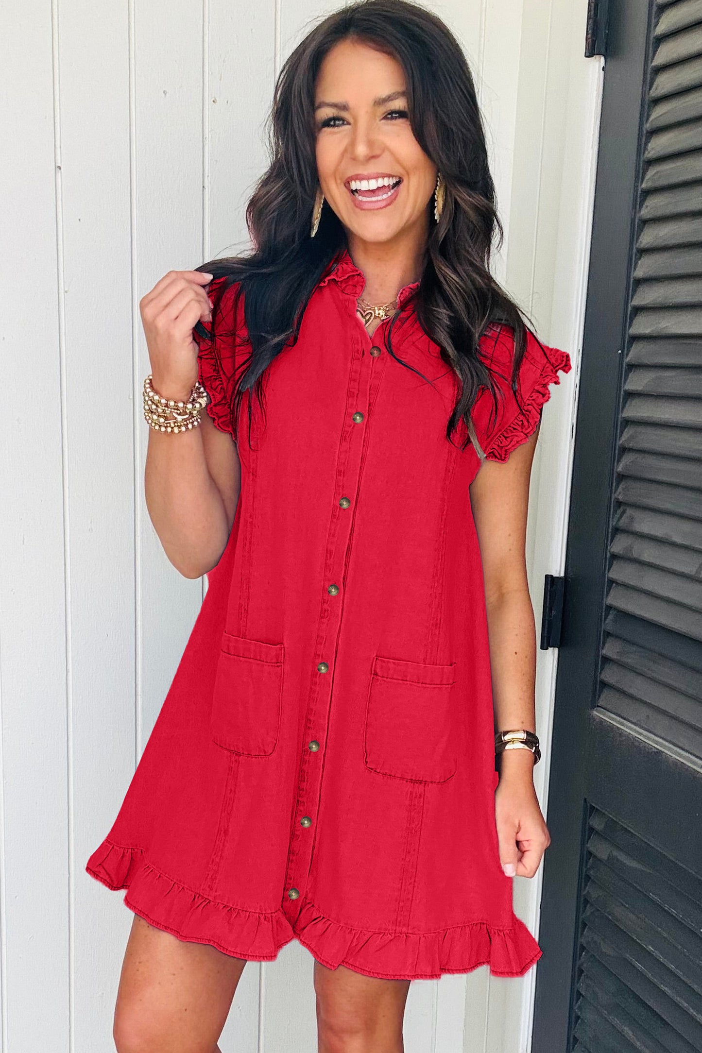 Beau Blue Ruffled Edge Collared Shift Denim Dress with Pockets
