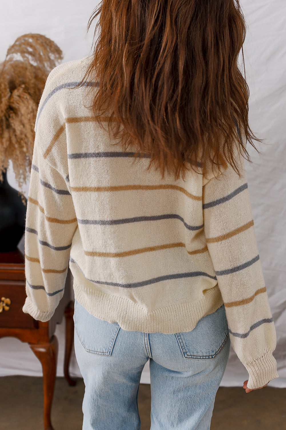 Brown Striped Ribbed Edge Drop Shoulder Sweater