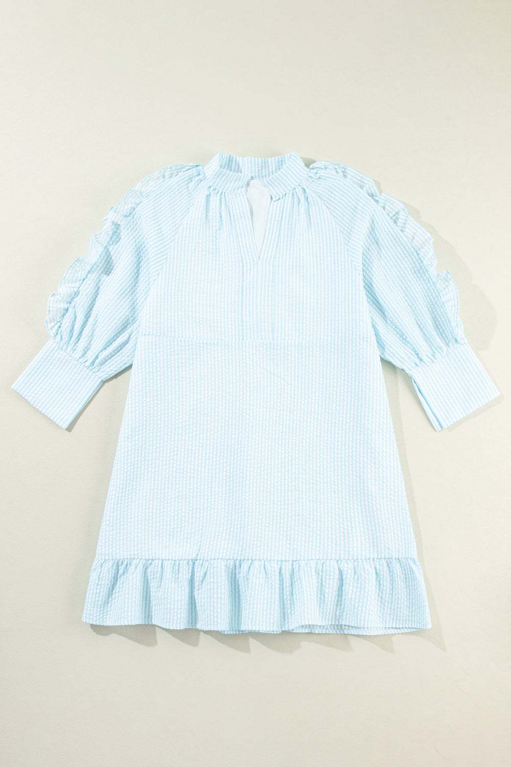 Myosotis Seersucker Striped V-Neck Ruffle Dress