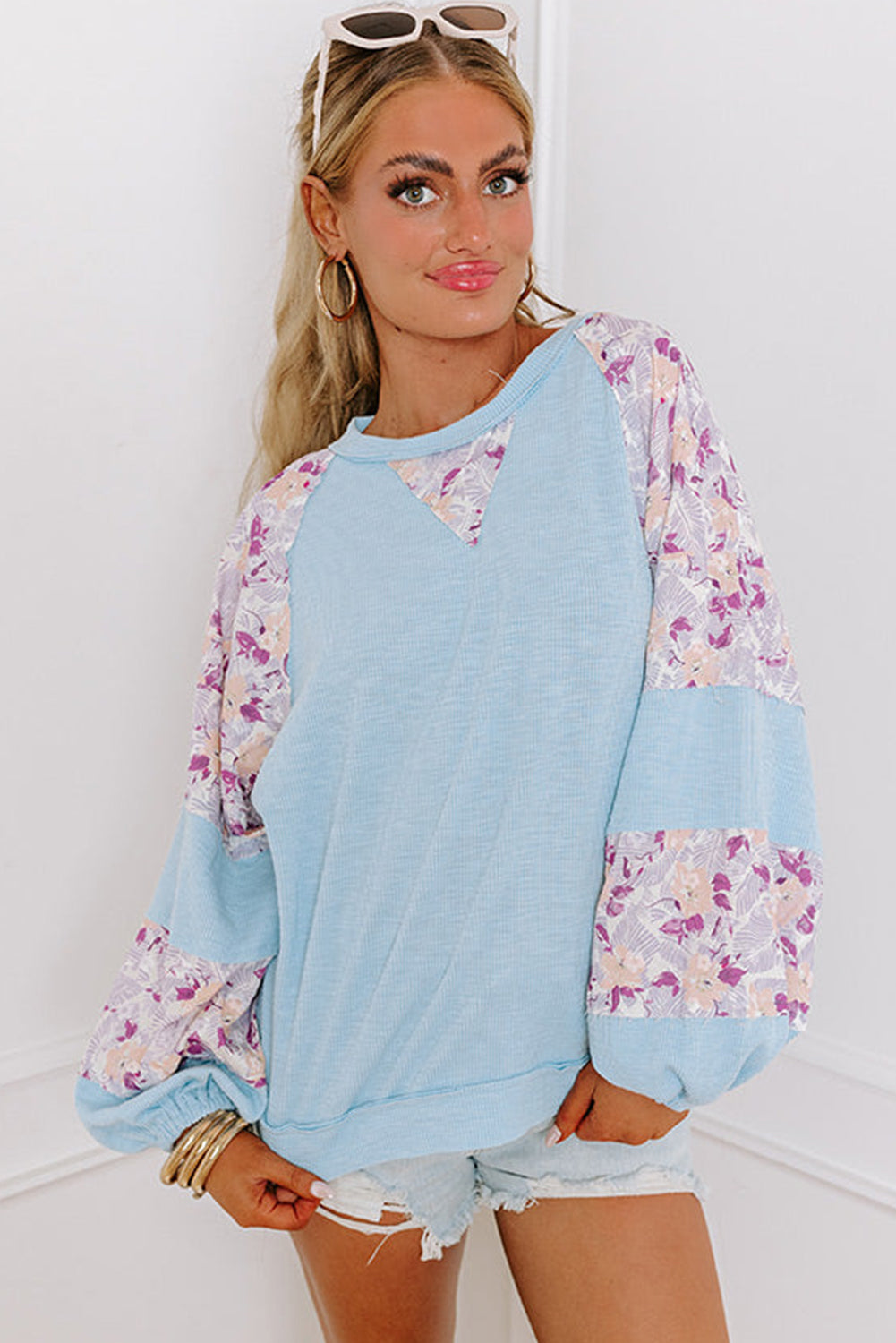 Beau Blue Crinkle Rib Floral Patchwork Balloon Sleeve Top