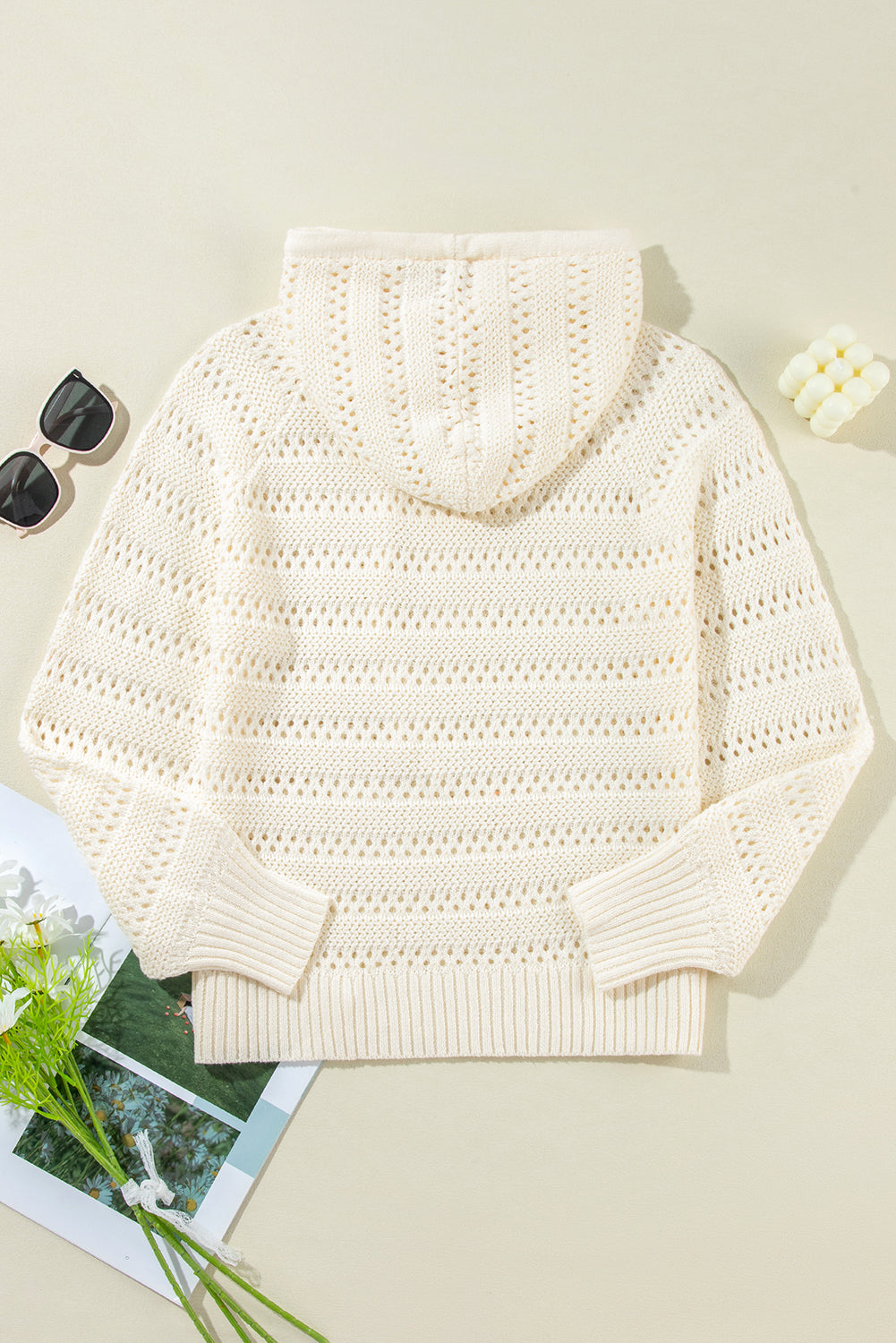 White Pointelle Knit Raglan Sleeve Drawstring Hooded Sweater