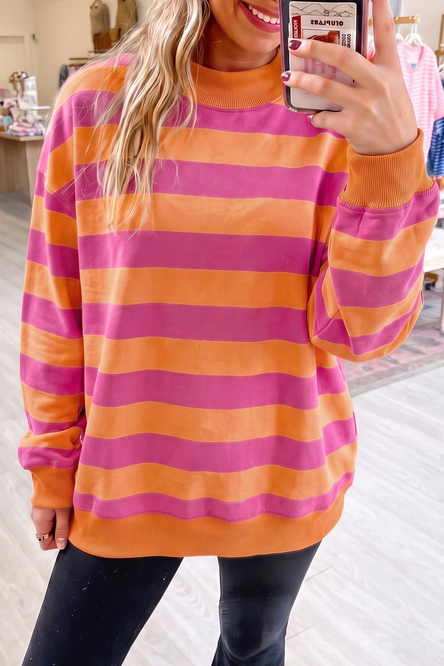 Rose Stripe Colorblock Mock Neck Relaxed Sweatshirt