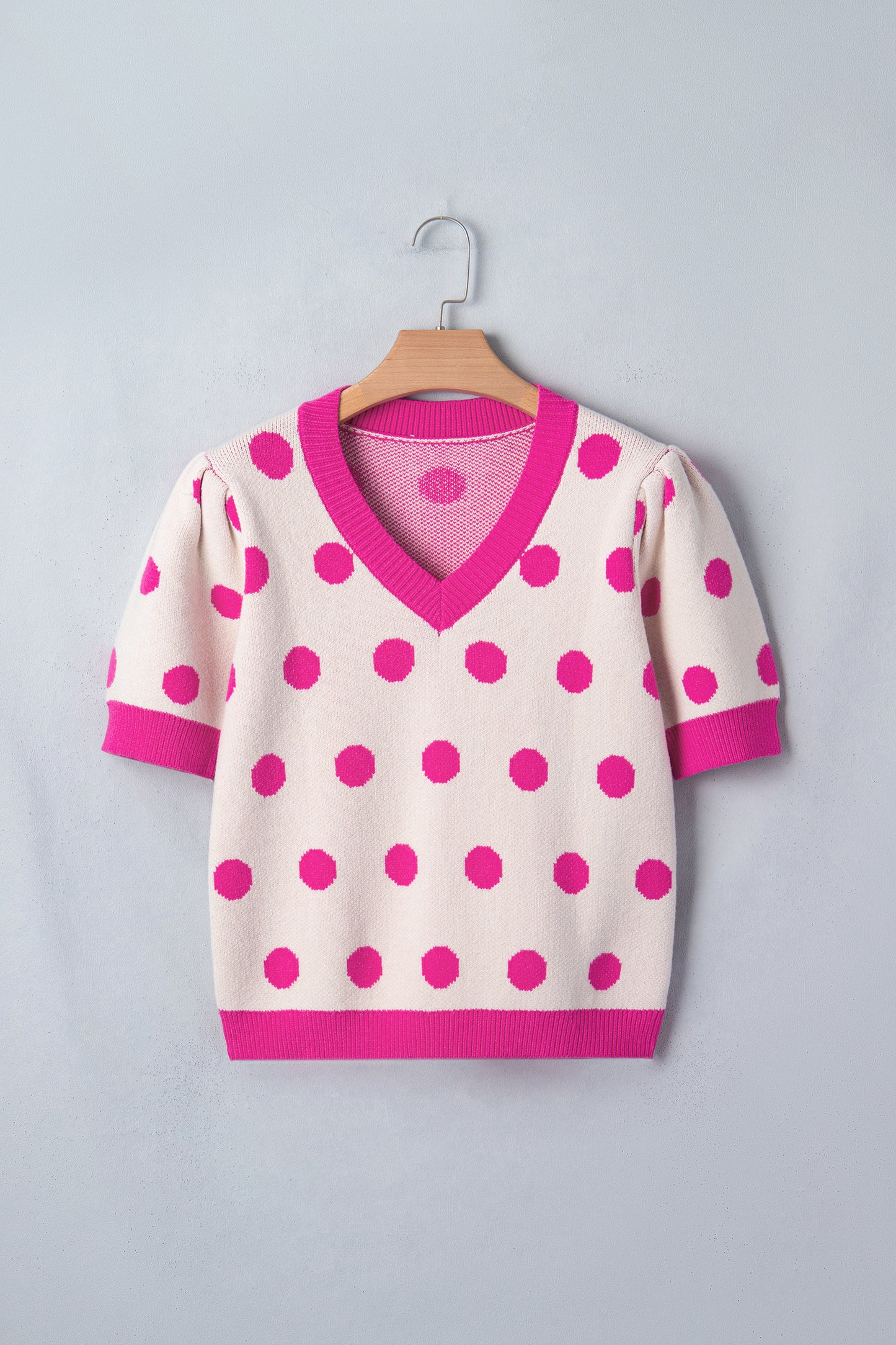 Light Blue Polka Dot Puff Short Sleeve Sweater Top