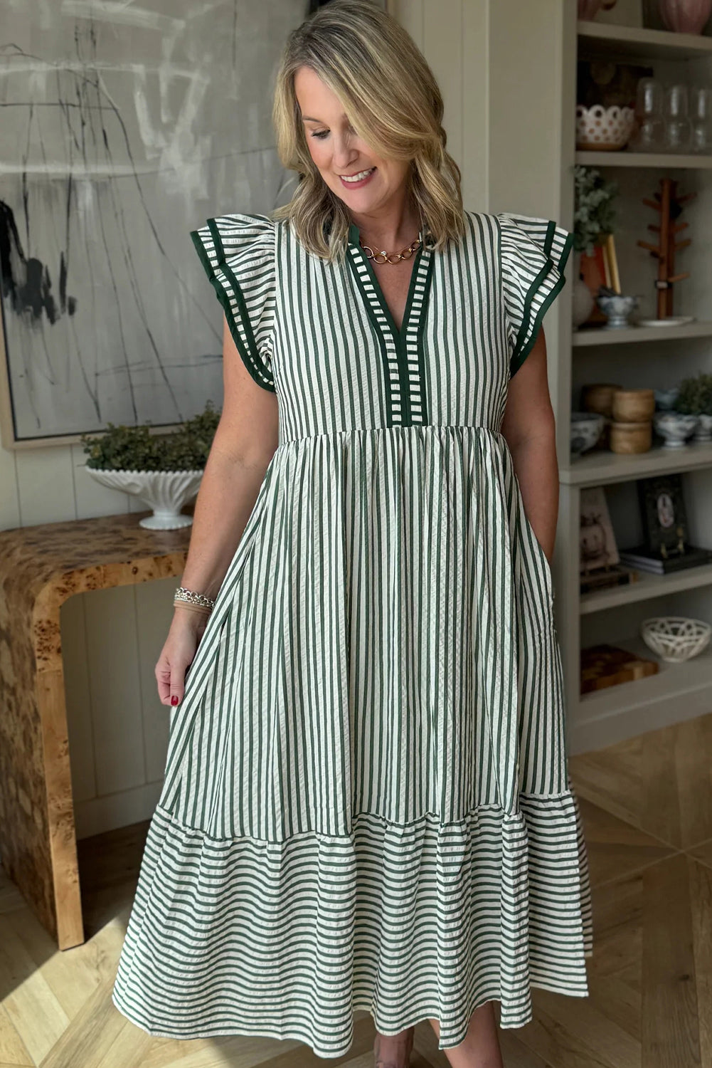 Black Stripe Double Ruffled Short Sleeve Contrast Trim V Neck Midi Dress
