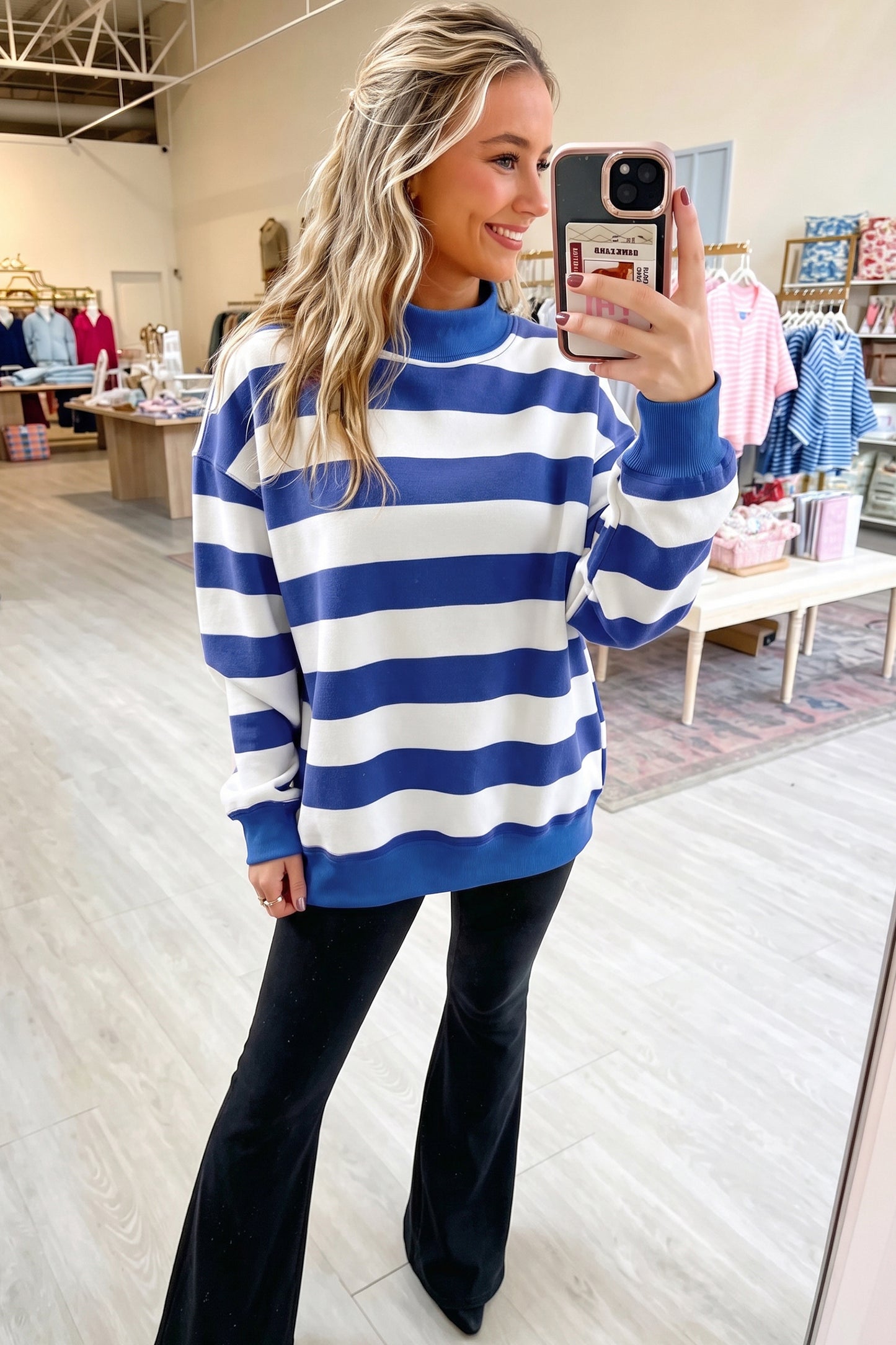 Rose Stripe Colorblock Mock Neck Relaxed Sweatshirt