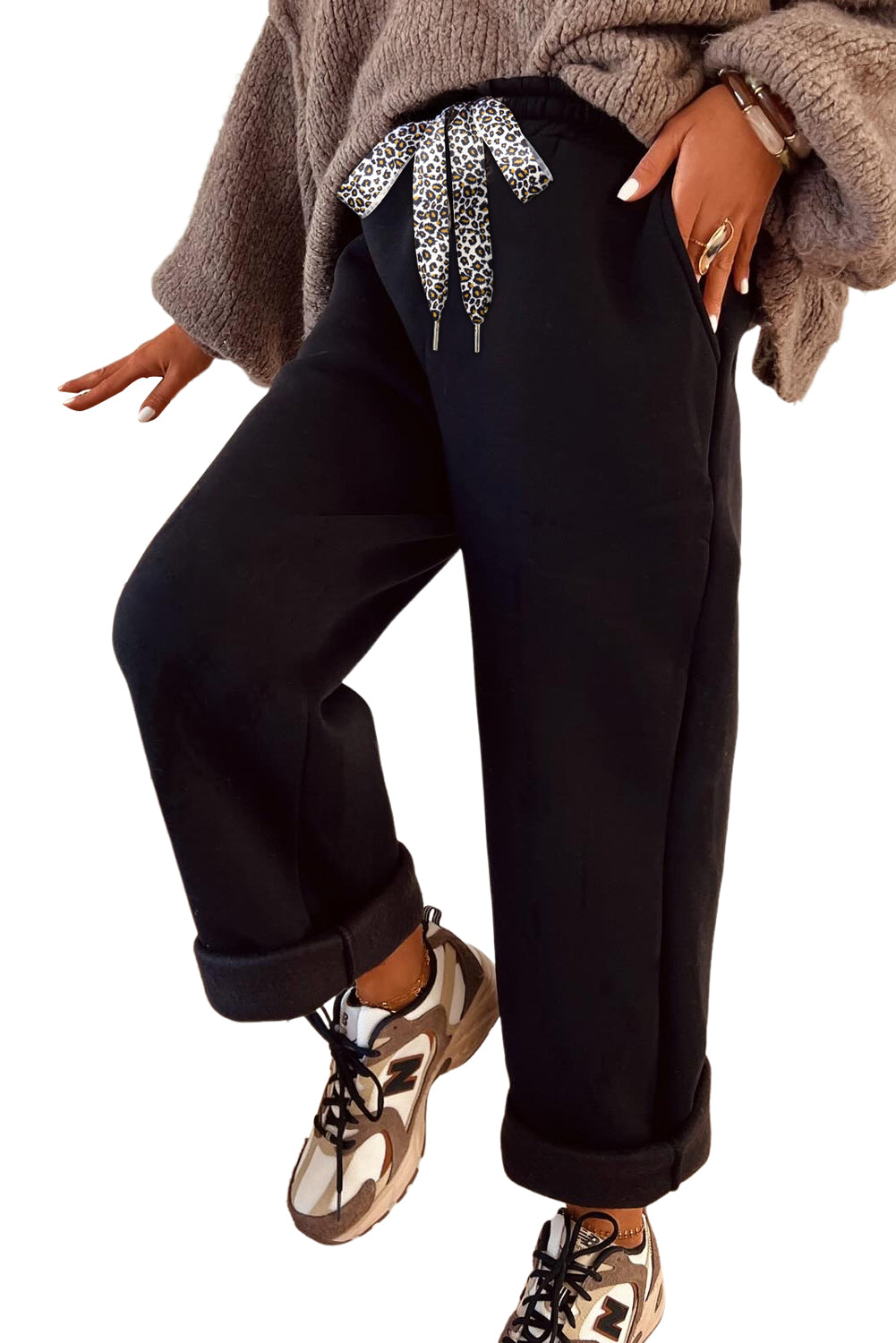 Black Leopard Drawstring Winter Fleece Pants