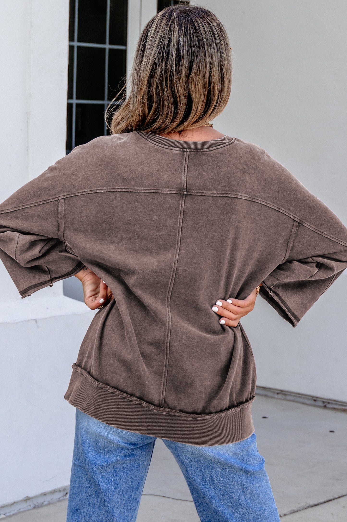 Dark Brown 3/4 Sleeve Mineral Wash Loose Cotton Top