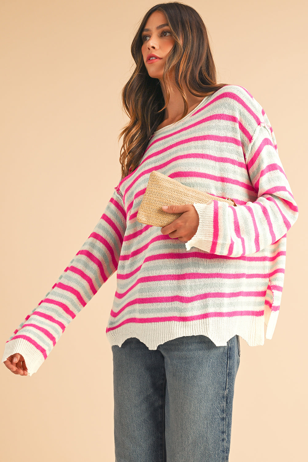 Rose Stripe Distressed Pocket Drop Sleeve Sweater