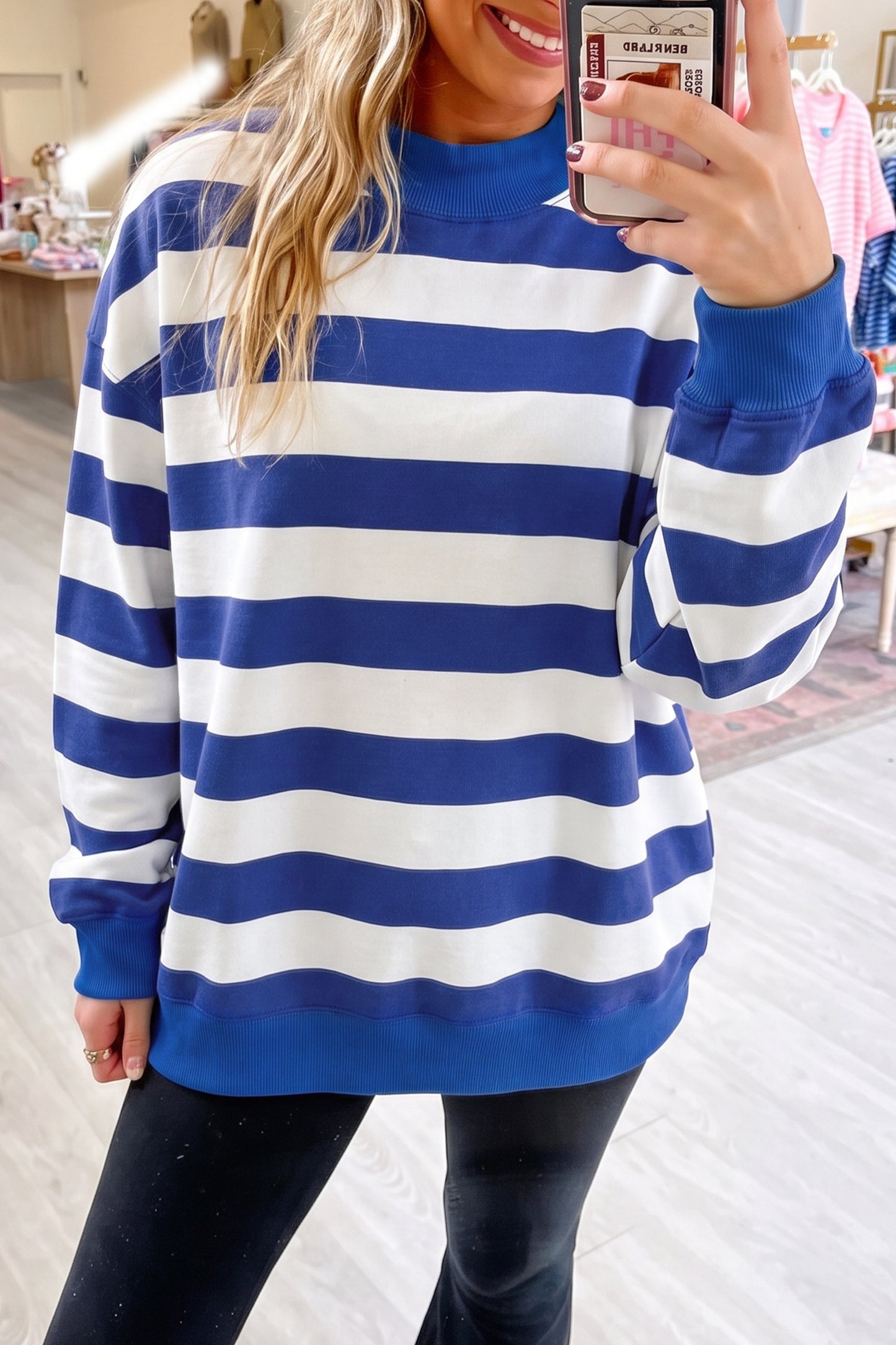 Rose Stripe Colorblock Mock Neck Relaxed Sweatshirt