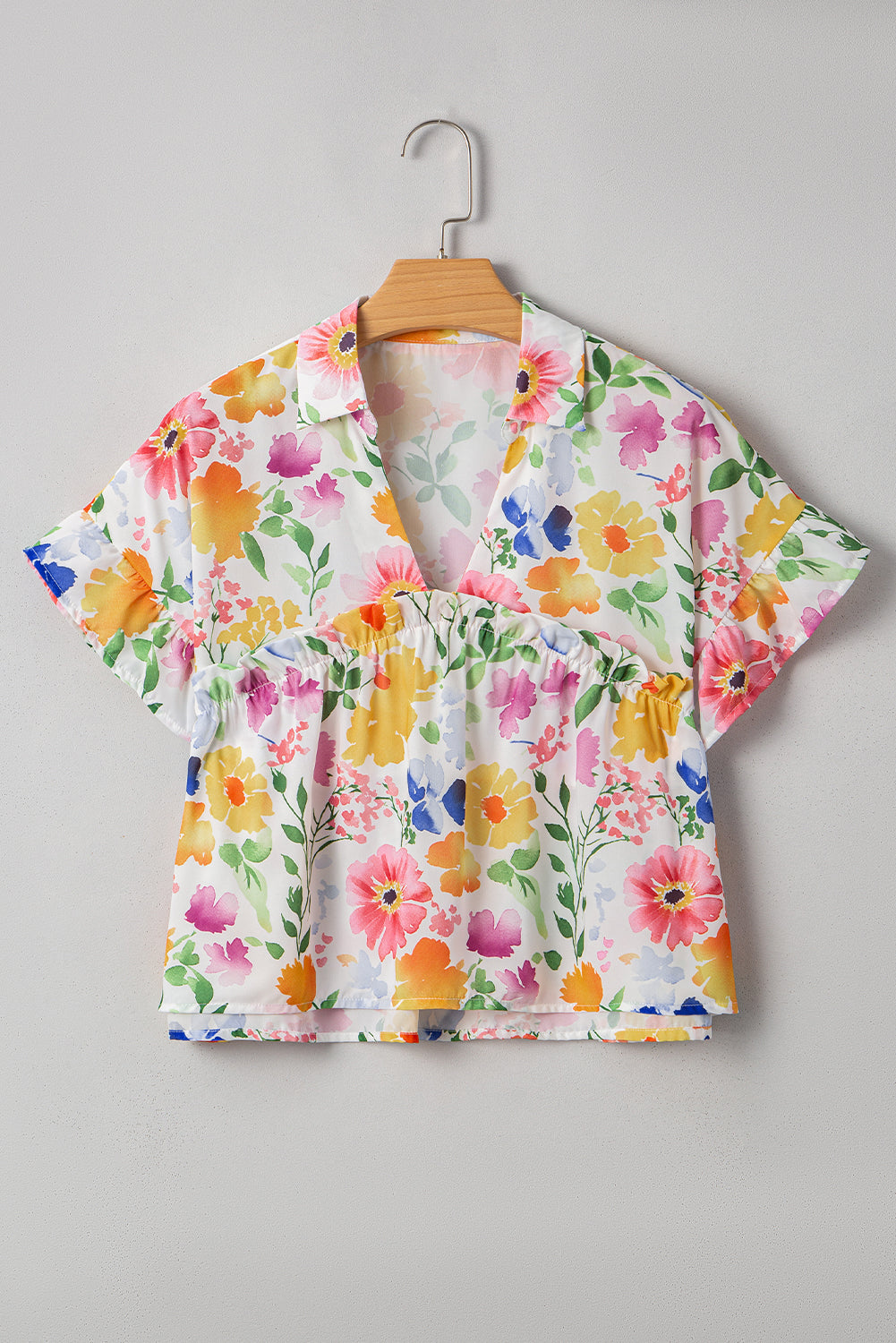 Pink Allover Floral Print Boxy Fit V Neck Blouse