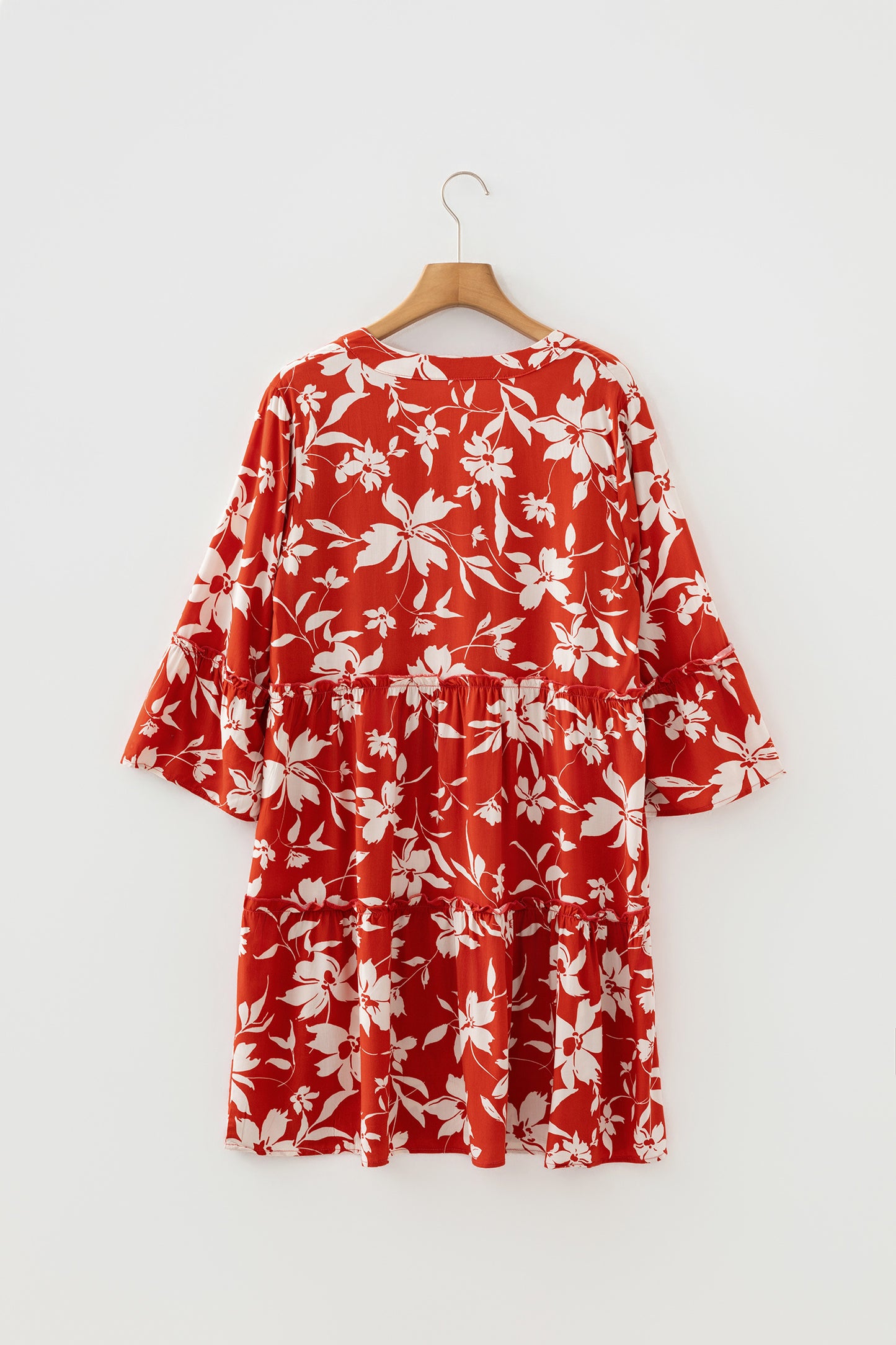 Blue Boho Floral Print Lettuce Trim 3/4 Sleeve Mini Dress