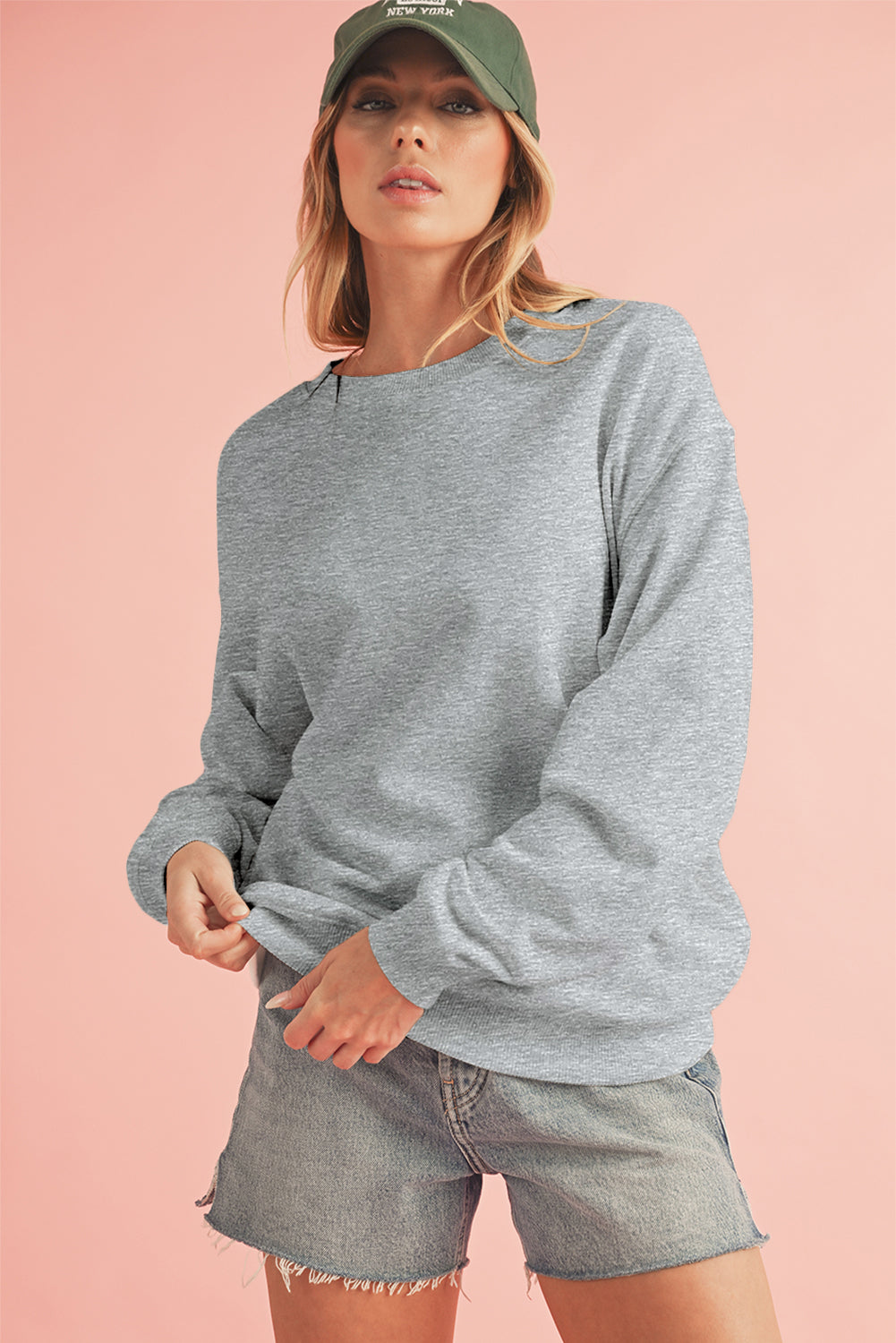 White Solid Loose Crew Neck Fleece Sweatshirt