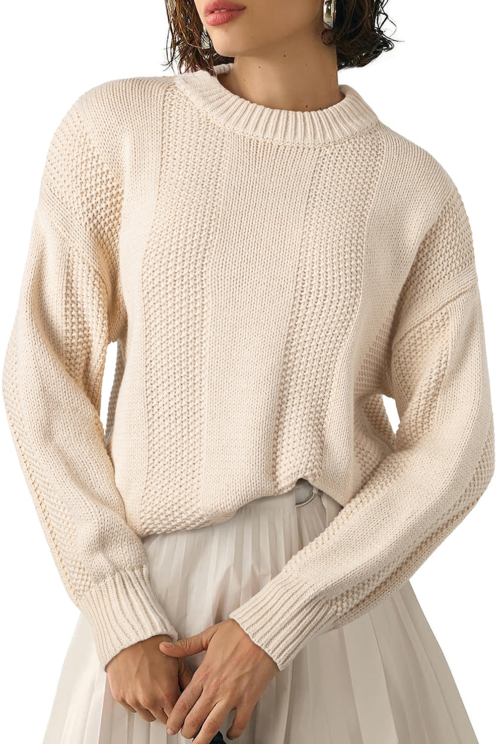 Pale Khaki Solid Color Ribbed Knit Round Neck Sweater