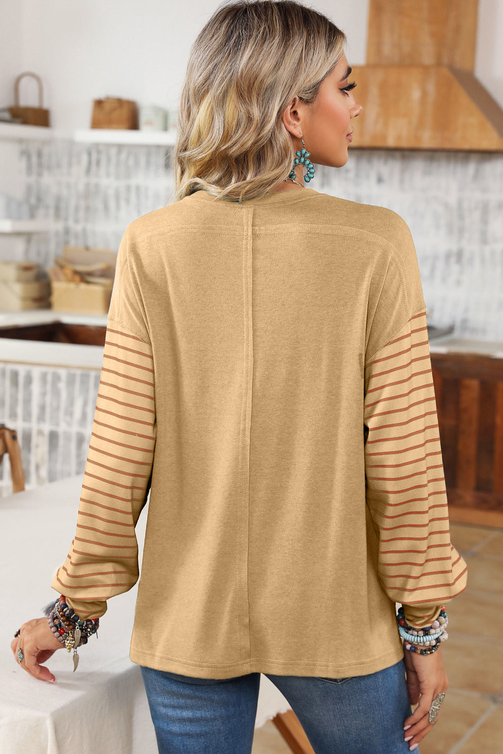 Khaki Colorblock Striped Bishop Sleeve Side Slits Top