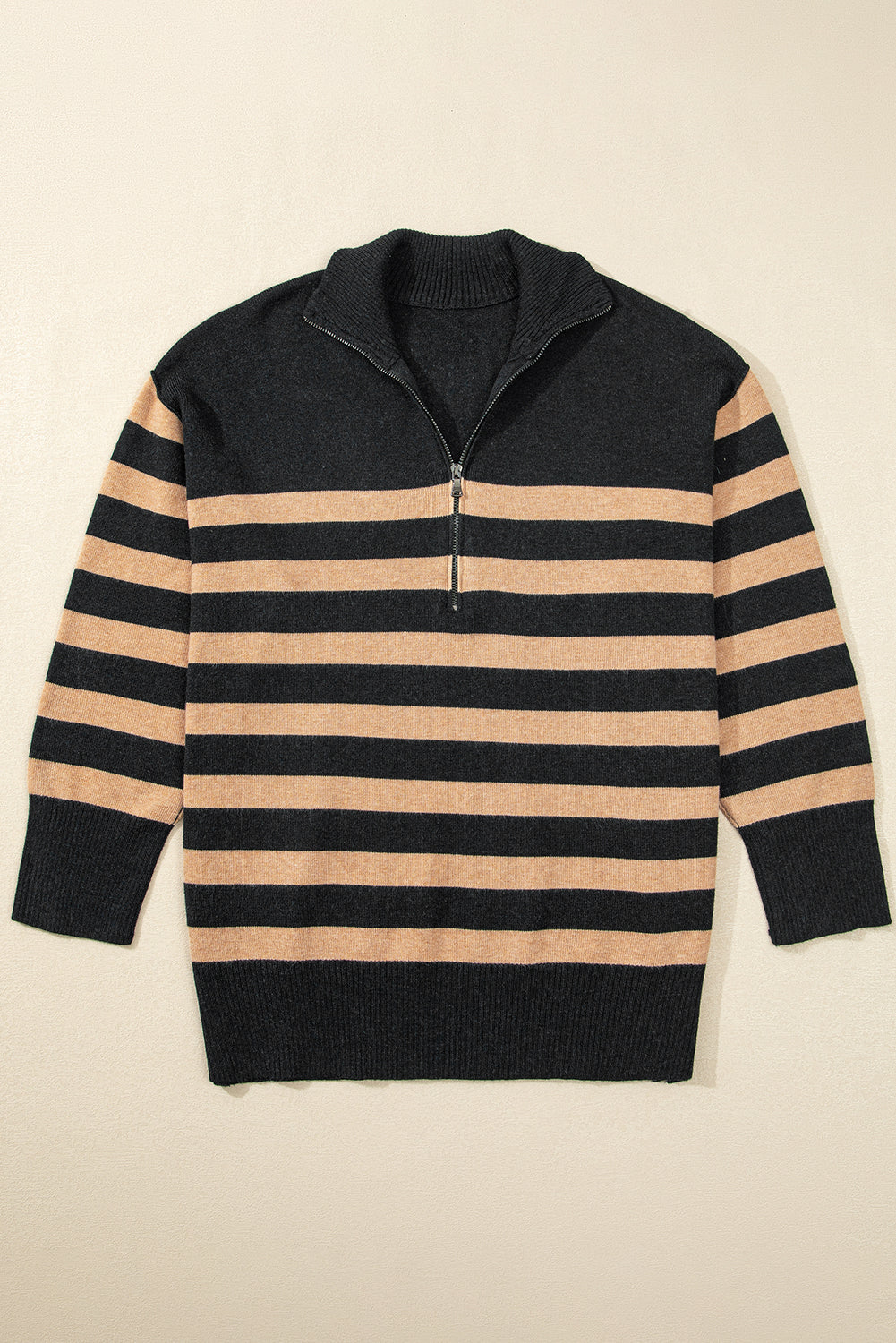 Green Striped Collared Quarter Zip Oversized Sweater