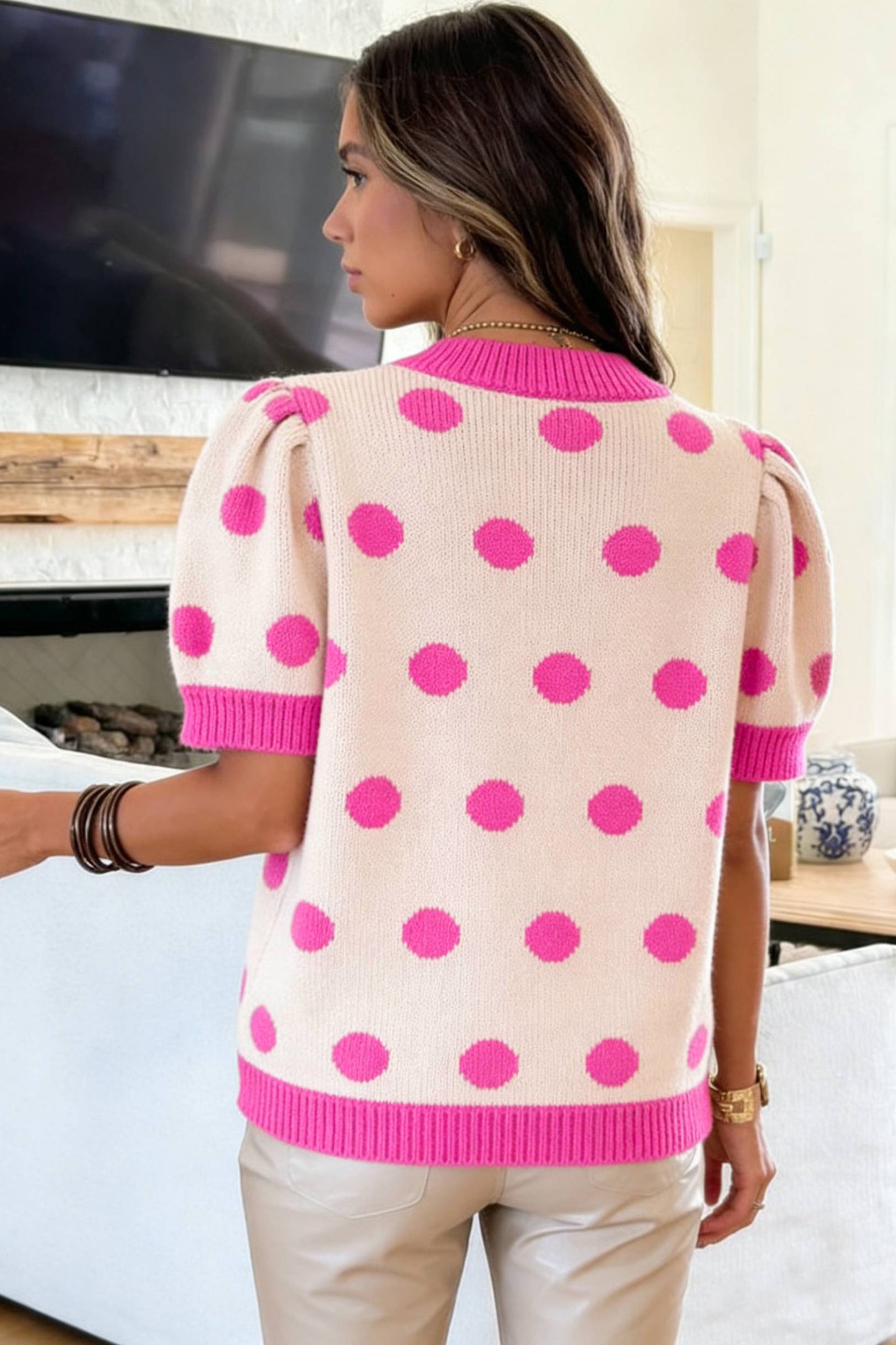 Light Blue Polka Dot Puff Short Sleeve Sweater Top