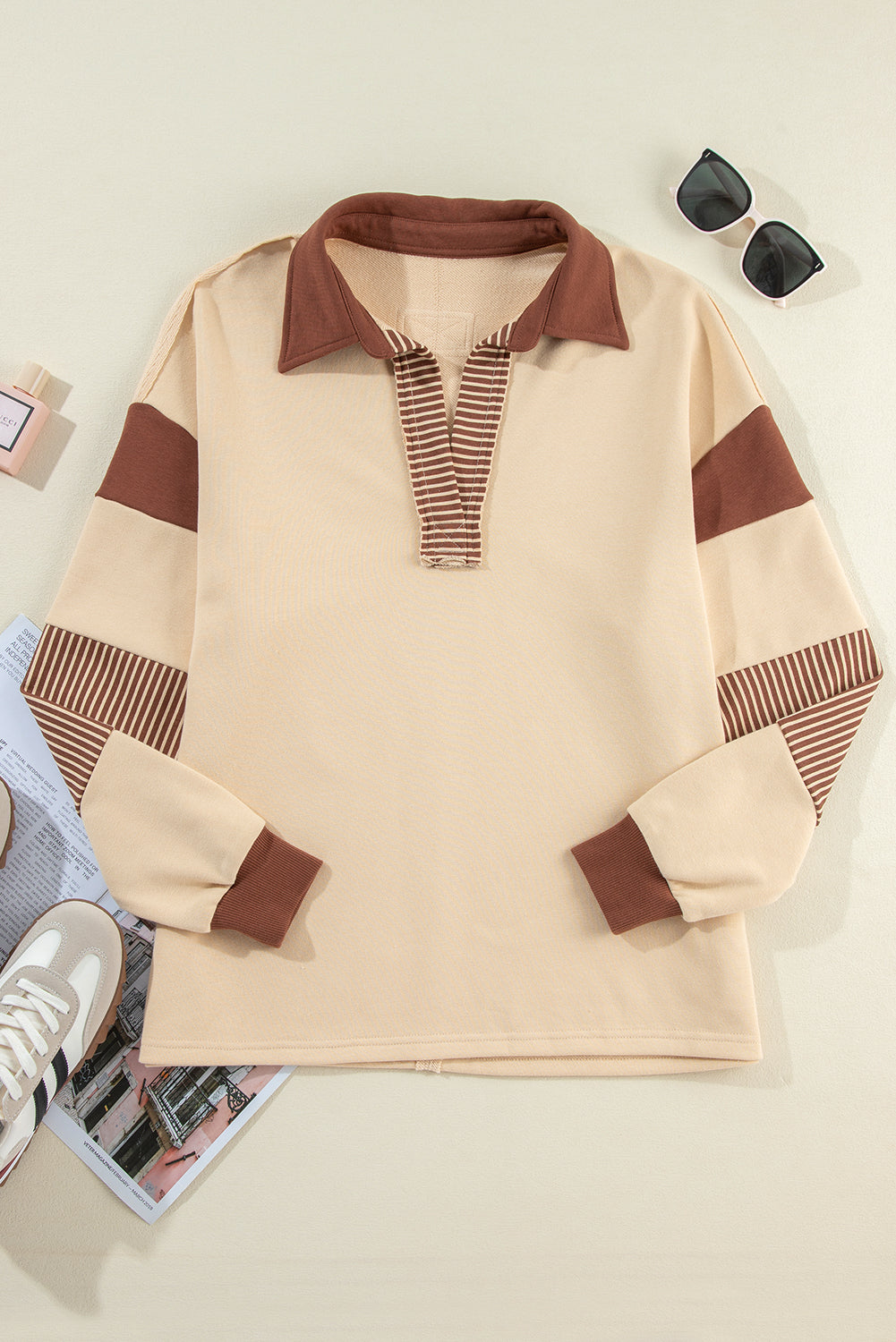 Black Striped Patchwork Collar Sweatshirt