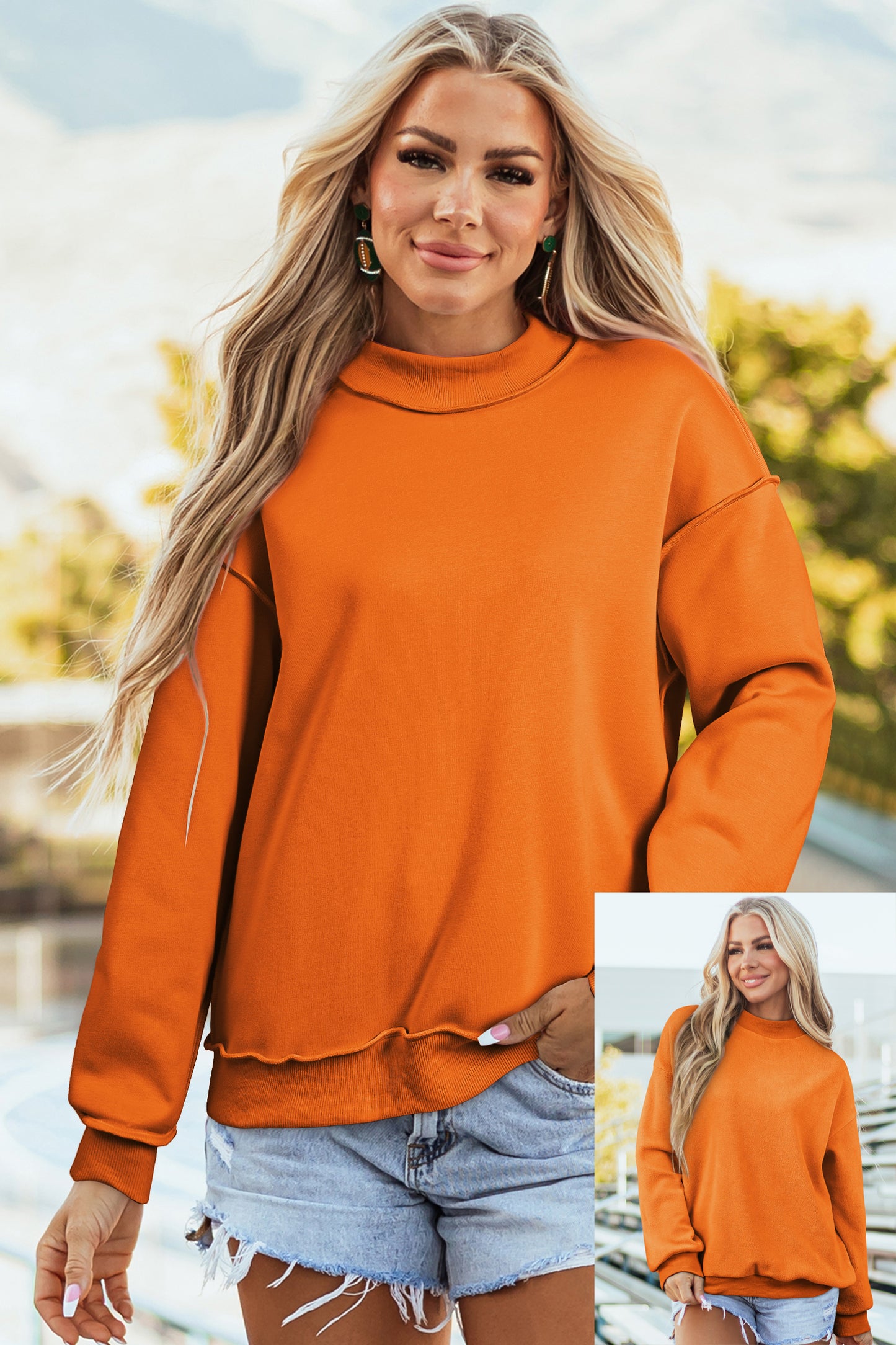 Bright Green Oversize Drop Shoulder Reversible Mock Neck Sweatshirt