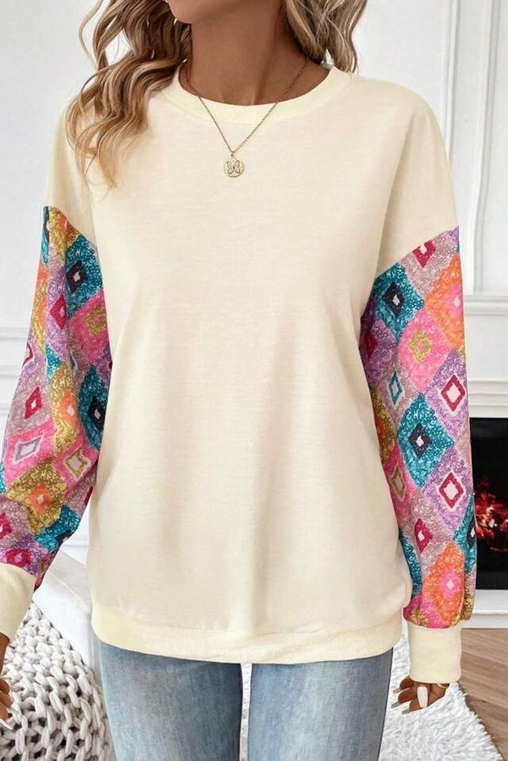 Apricot Ethnic Geometric Patchwork Long Sleeve Round Neck Top