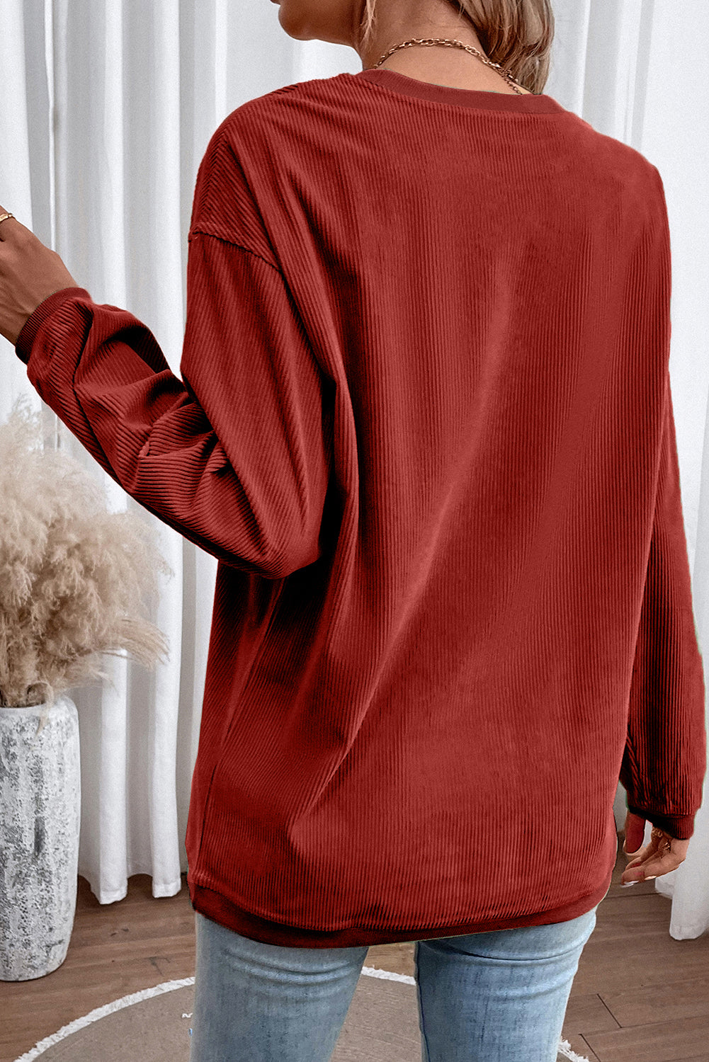 Red Plain Drop Sleeve Rib Knit Oversized Sweatshirt