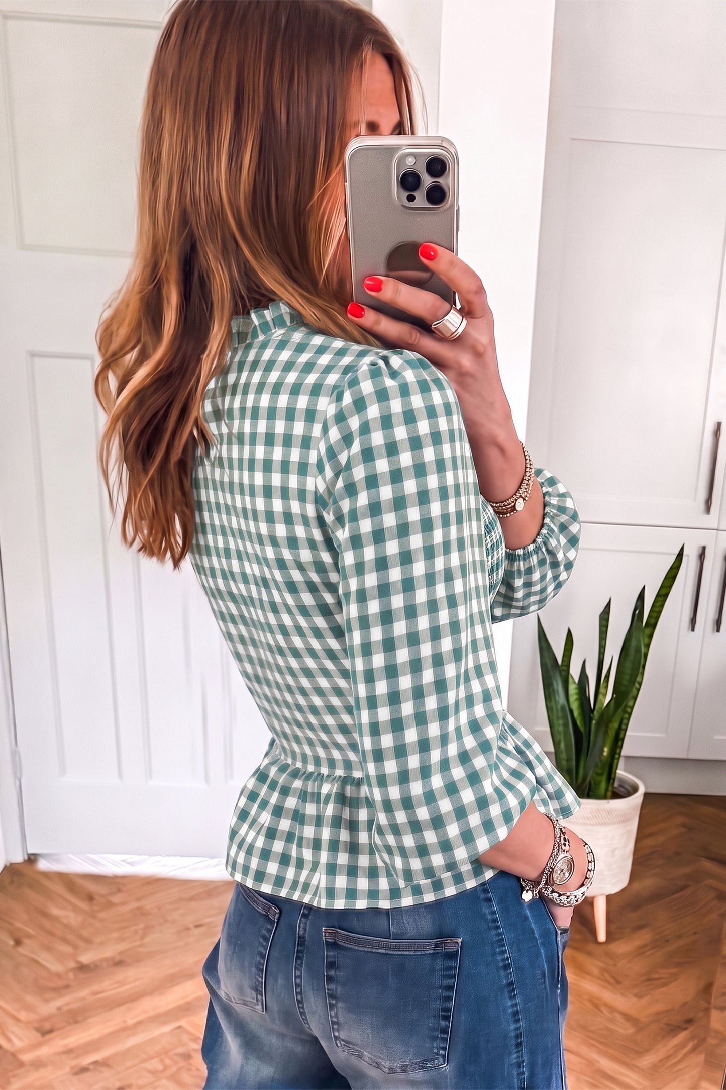 Brown 3/4 Sleeve Shirred Plaid Peplum Top