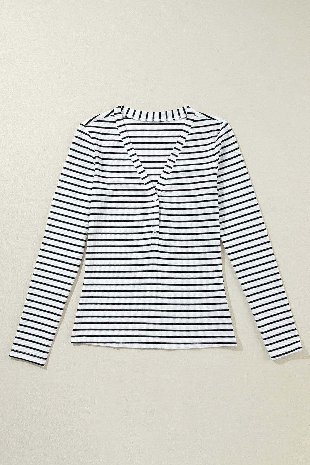 White Stripe Slim Fit Buttoned V Neck Long Sleeve Top