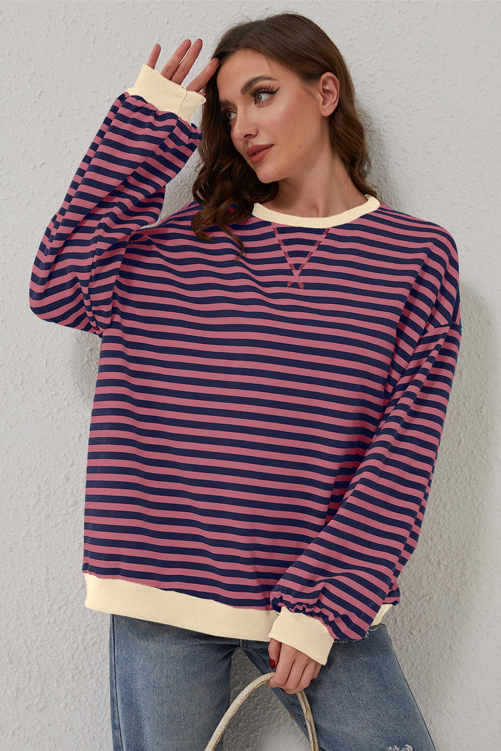 Green Stripe Contrast Edge Oversized Sweatshirt